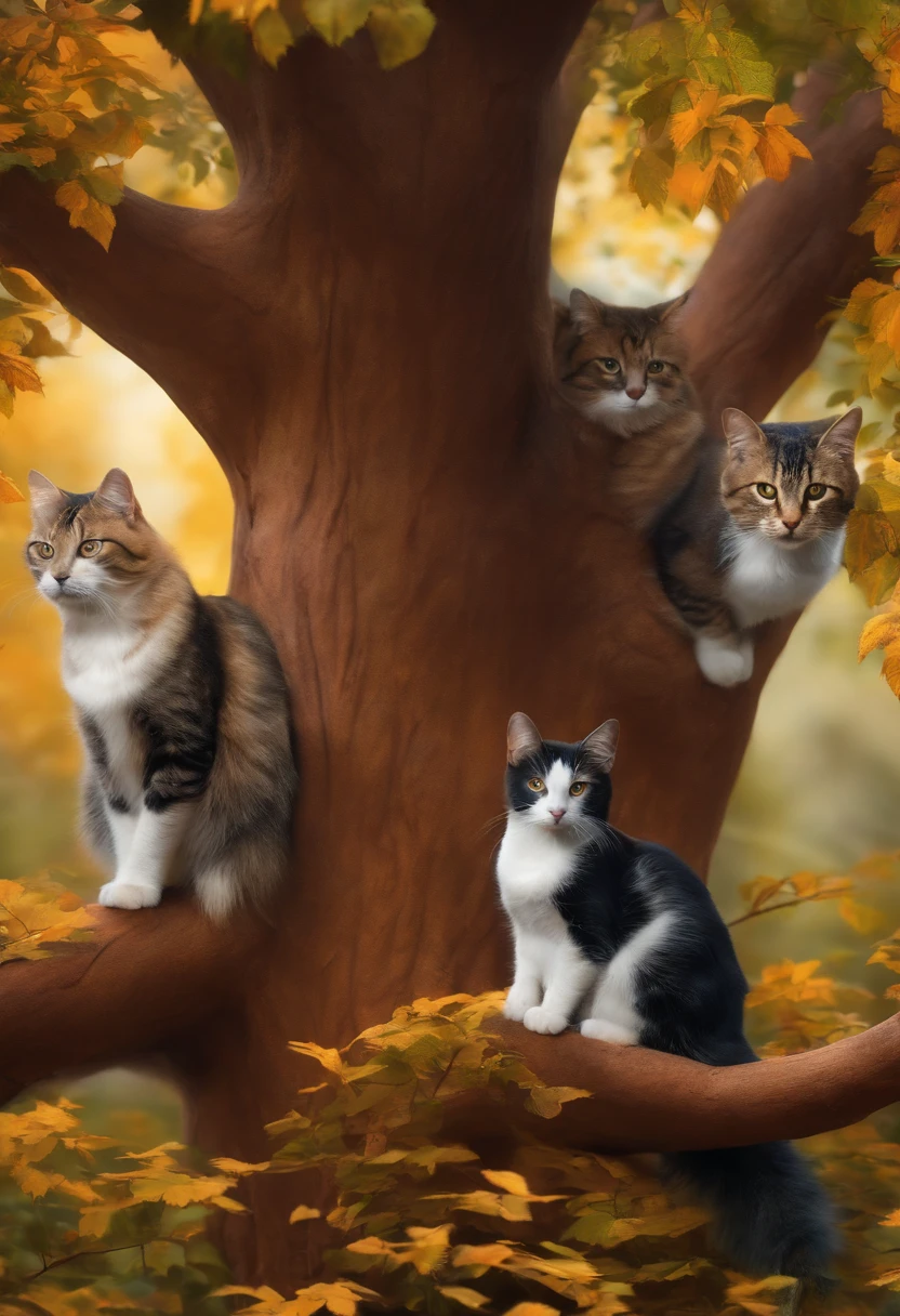 3 katzen auf einem baum