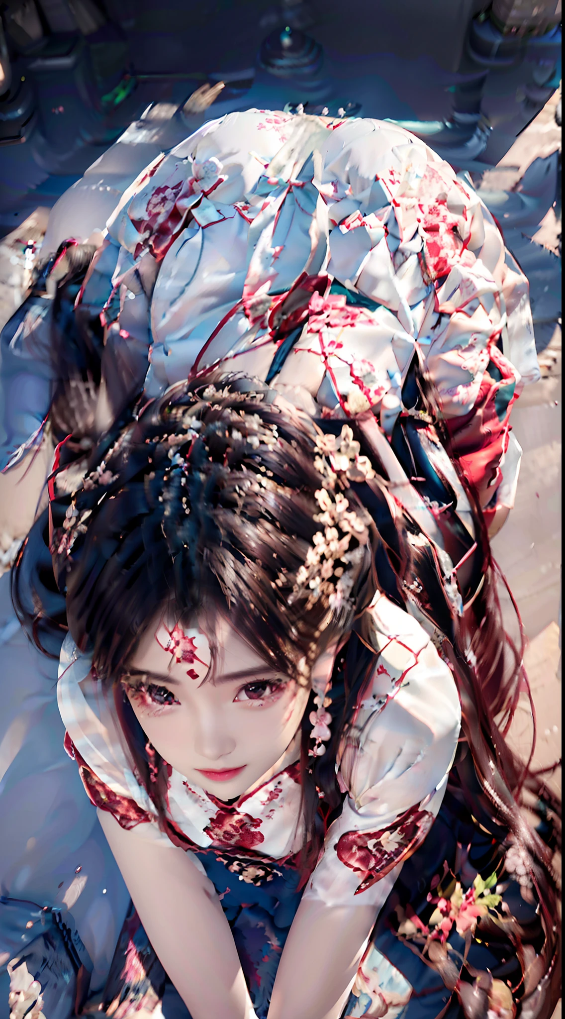 (Best quality,16k wallpaper,high resolution:1.2),Red to silver hair, wavy and long hair, Shiny hair color, Perfectly detailed face, full pouty lips, watery big eyes, Vertical pupils, reflective light, Woman with rabbit ears, Black and white shirt, Lazily lying in a solid wooden box, Soft lighting, full body shot of