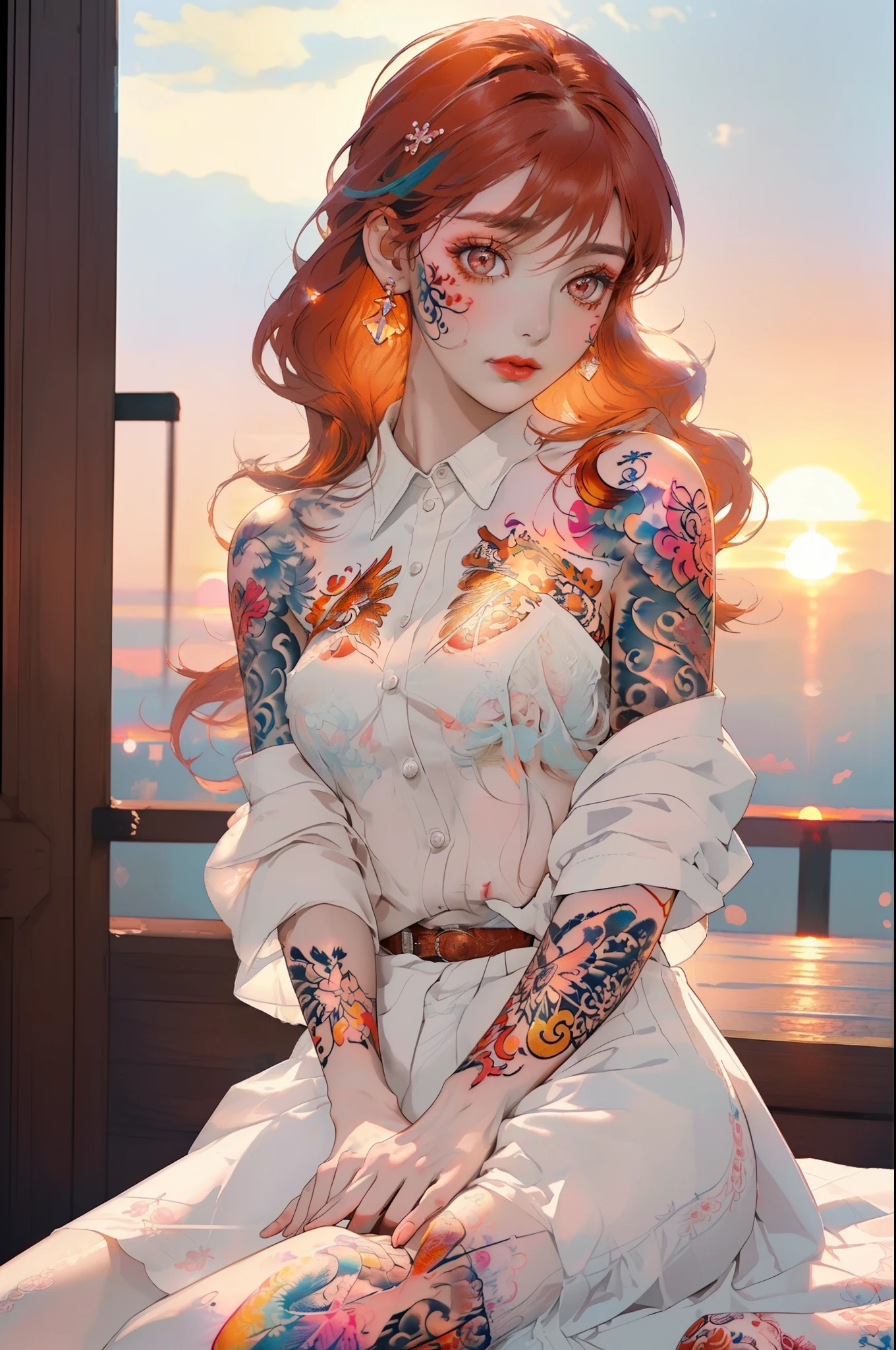 (woman masterpiece, highest quality, best quality, official art , body beautiful ,delicate and beautiful face, dreamy cold eyes , in room, (((Colorful tattoo))),((Sunset)) ,((hold Cowboy pistol)), [red lip], (long wrinkled white shirt), (((very delicate and beautiful))) (sitting), expressionless, {( colored_hair_White:0.9_and_orange:0.8)},Warm colours