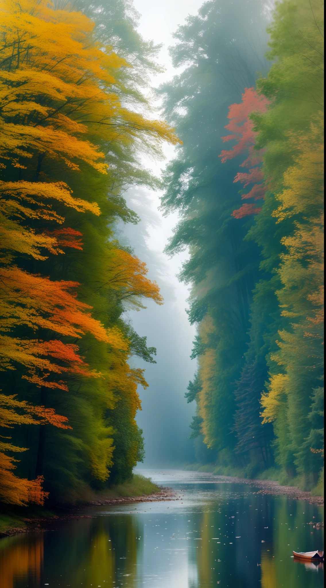analog style,ChromaV5,nvinkpunk,(extremely detailed CG unity 8k wallpaper),Image of a majestic river, Trees on the sides, Tiny Waterfall, Intense fog ,award-winning photo, chromatic aberration, Detailed , HDR, bloom, Monet's style, Pissarro, and Sisley ,Trending on ArtStation, trending on CGsociety, art by midjourney