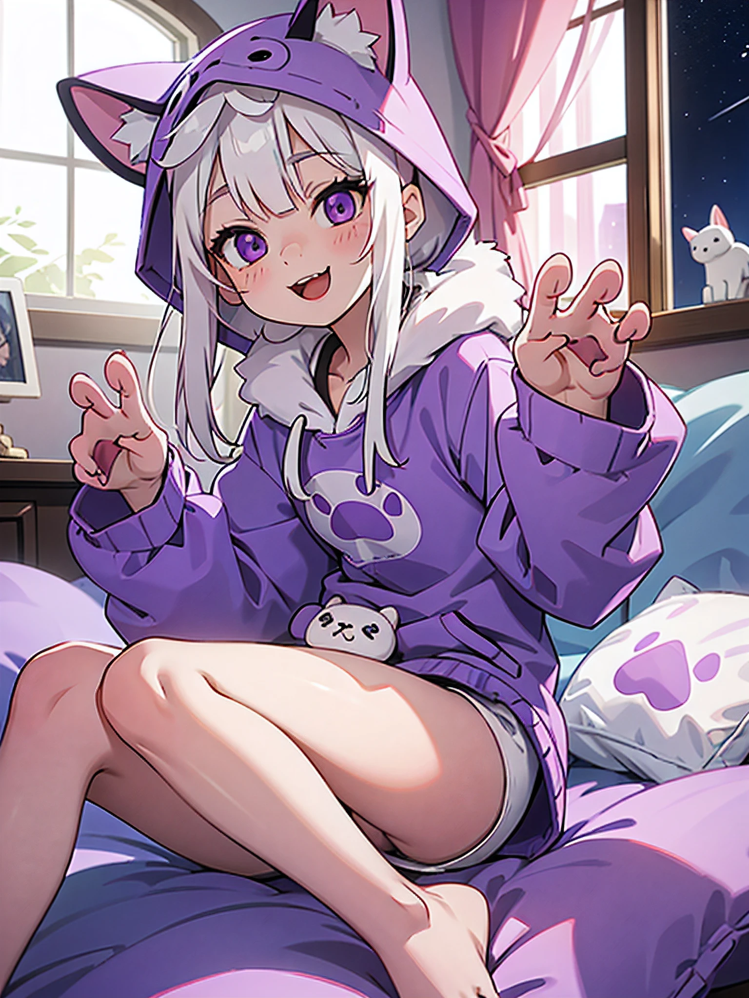 1girl, white hair, purple eyes, onesie, animal hood, animal print, whiskers, indoors, bedroom, stuffed animal, on bed, sitting, knees up, (paw pose:1.2), smile, (:3:1.1), open mouth, blush, window, (night sky:1.01), barefoot, soles,