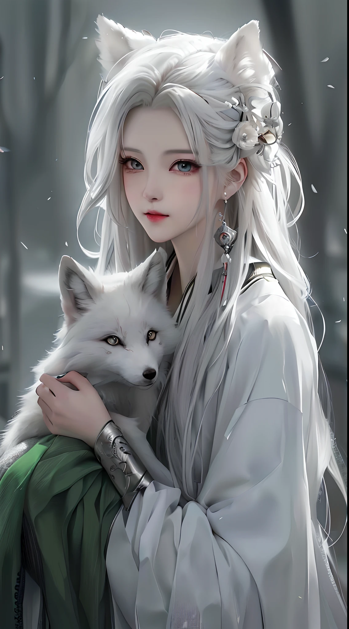 Anime girl with white hair and white fox, white - haired fox, a beautiful kitsune woman, artwork in the style of guweiz, guweiz, by Yang J, with long white hair, with white long hair, white  hair, by Ni Tian, perfect gray hair girl, beautiful character painting, Girl with white hair, White fox, Beautiful Anime Portrait