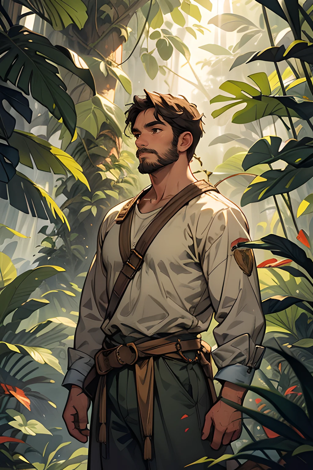 In the heart of the jungle, where sunlight filtered through the dense canopy in ethereal patterns, a solitary figure moved with purpose,facial hair,