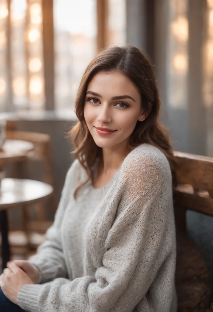 A beautiful woman wearing a long knitted light-grey sweater that covers her hands, looking at the camera with a smile with one hand on her lap and the other under her chin, wearing jeans, sitting in a coffee shop, golden glow, blurred background, bokeh, 50mm 1.2, smiles, happy