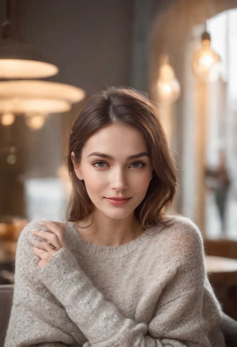 A beautiful woman wearing a long knitted light-grey sweater that covers her hands, looking at the camera with a smile with one hand on her lap and the other under her chin, wearing jeans, sitting in a coffee shop, golden glow, blurred background, bokeh, 50mm 1.2, smiles, happy