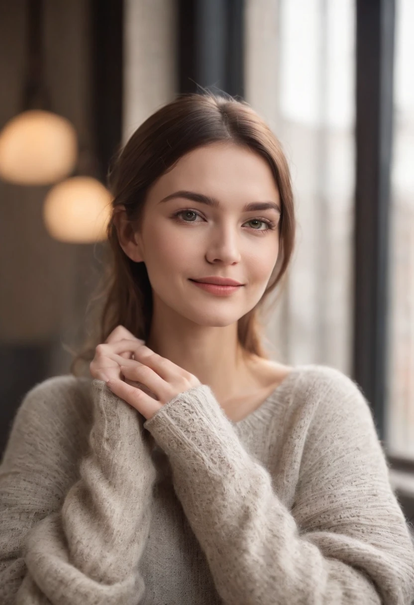 A beautiful woman wearing a long knitted light-grey sweater that covers her hands, looking at the camera with a smile with one hand on her lap and the other under her chin, wearing jeans, sitting in a coffee shop, golden glow, blurred background, bokeh, 50mm 1.2, smiles, happy