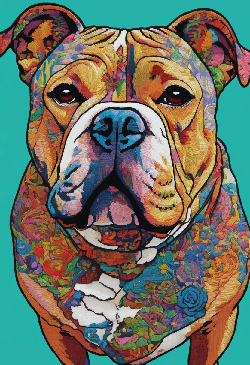 cinematic photo Embroidery of a smug, american bully indiferente, equiretangular 360, Romantic, arte por Michael Hutter . fotografia 35mm, Film, Bokeh, profissional, 4k, altamente detalhado