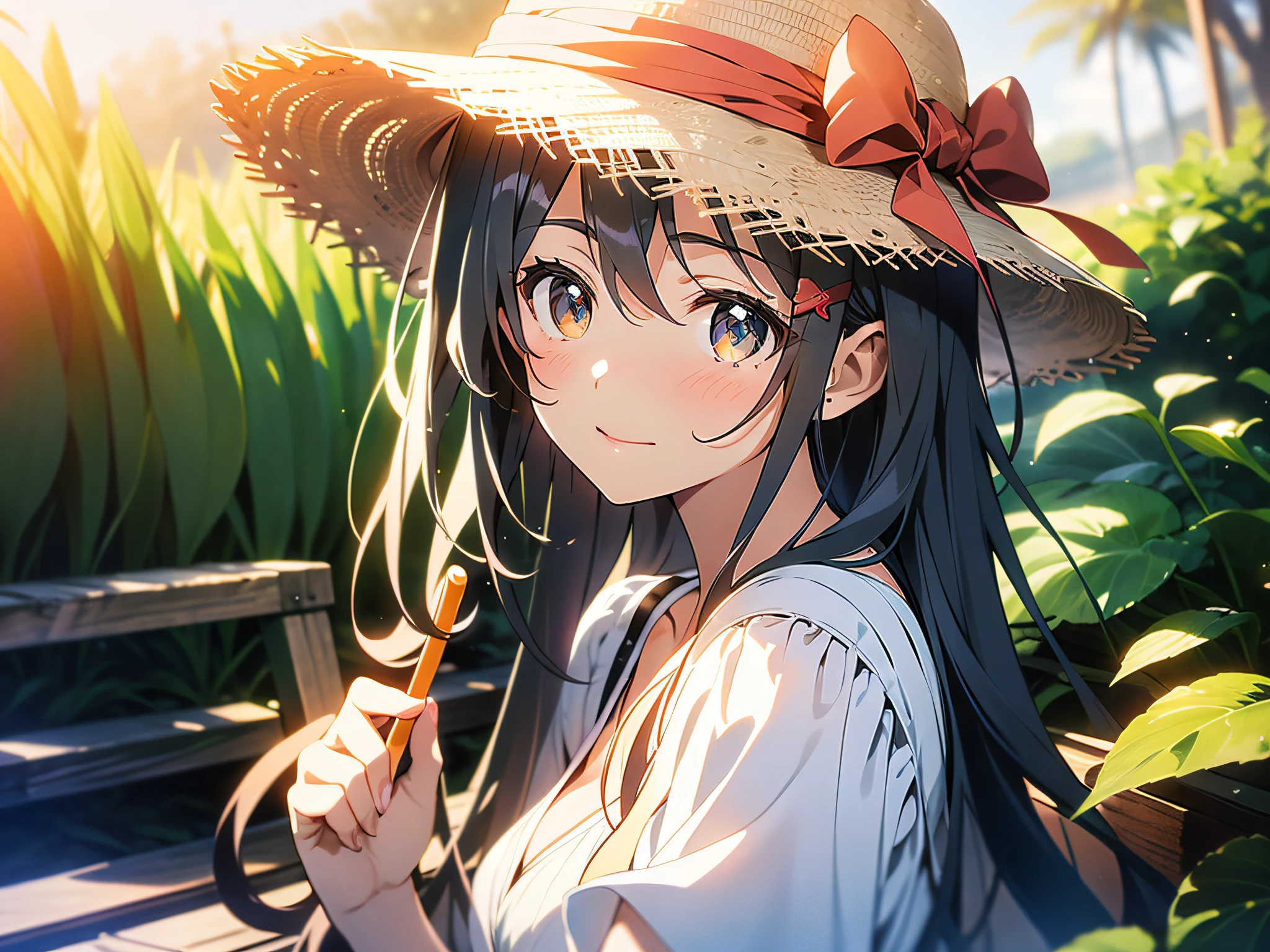 in 8K、top-quality、​masterpiece、ultra-detailliert、Ultra-high resolution、Anime style、1人の女性、Mid summer、White Dress、a straw fedora hat