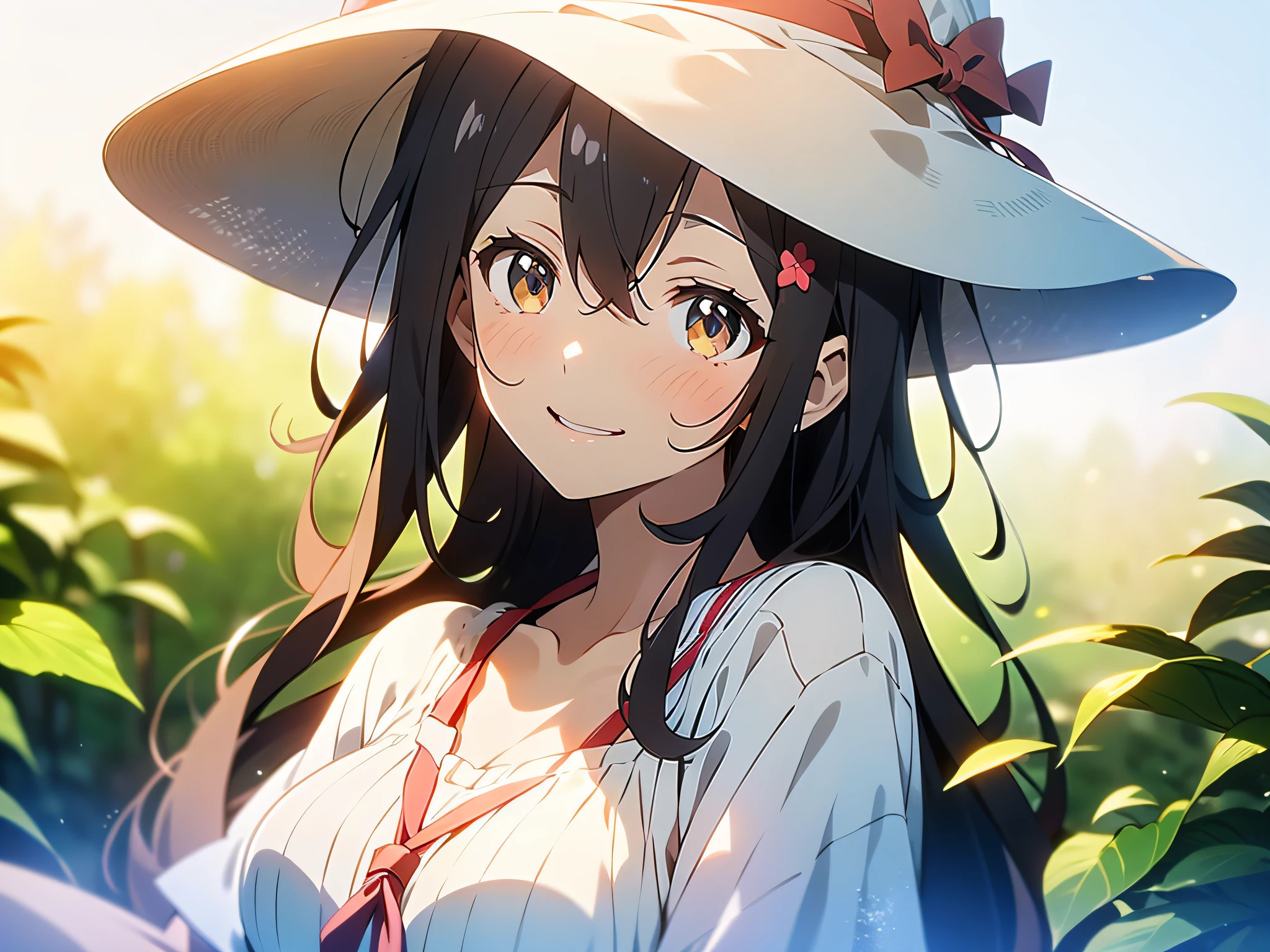 in 8K、top-quality、masterpiece、ultra-detailliert、Ultra-high resolution、Anime style、1人の女性、Mid summer、White Dress、a straw fedora hat