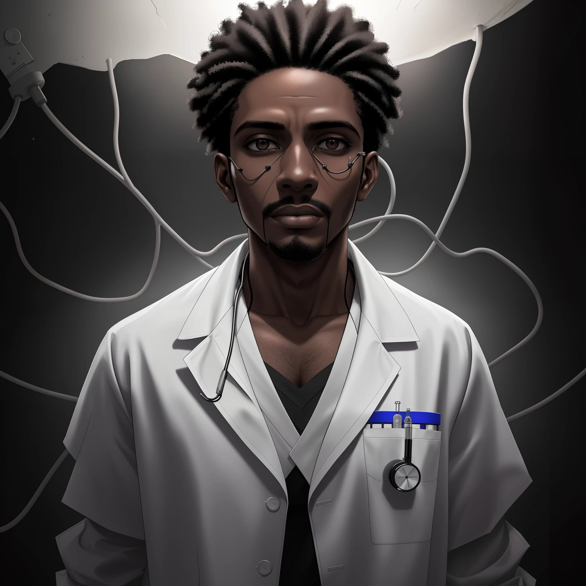 (papel de parede 8k extremamente detalhado), Tema escuro, Horror moderno, anos 2020, black male doctor, wearing medical lab coat, foco afiado, (subsurface scatter:1.1), fotografia premiada, rosto centrado, foto de meio corpo:1.1, dentro de hospital, lighting dramatic