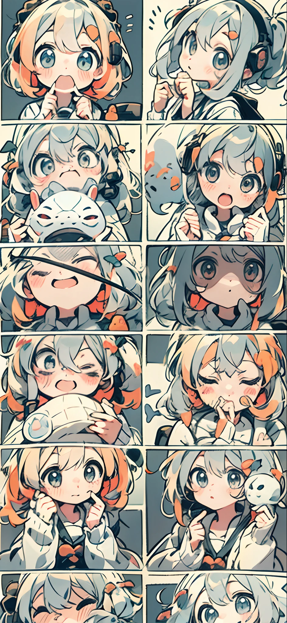 vocaloid、schoolgirls、colorfulhair、pastelcolor、Dome、Cute Baby Turtle、Music background，Nine-square grid，Different expressions