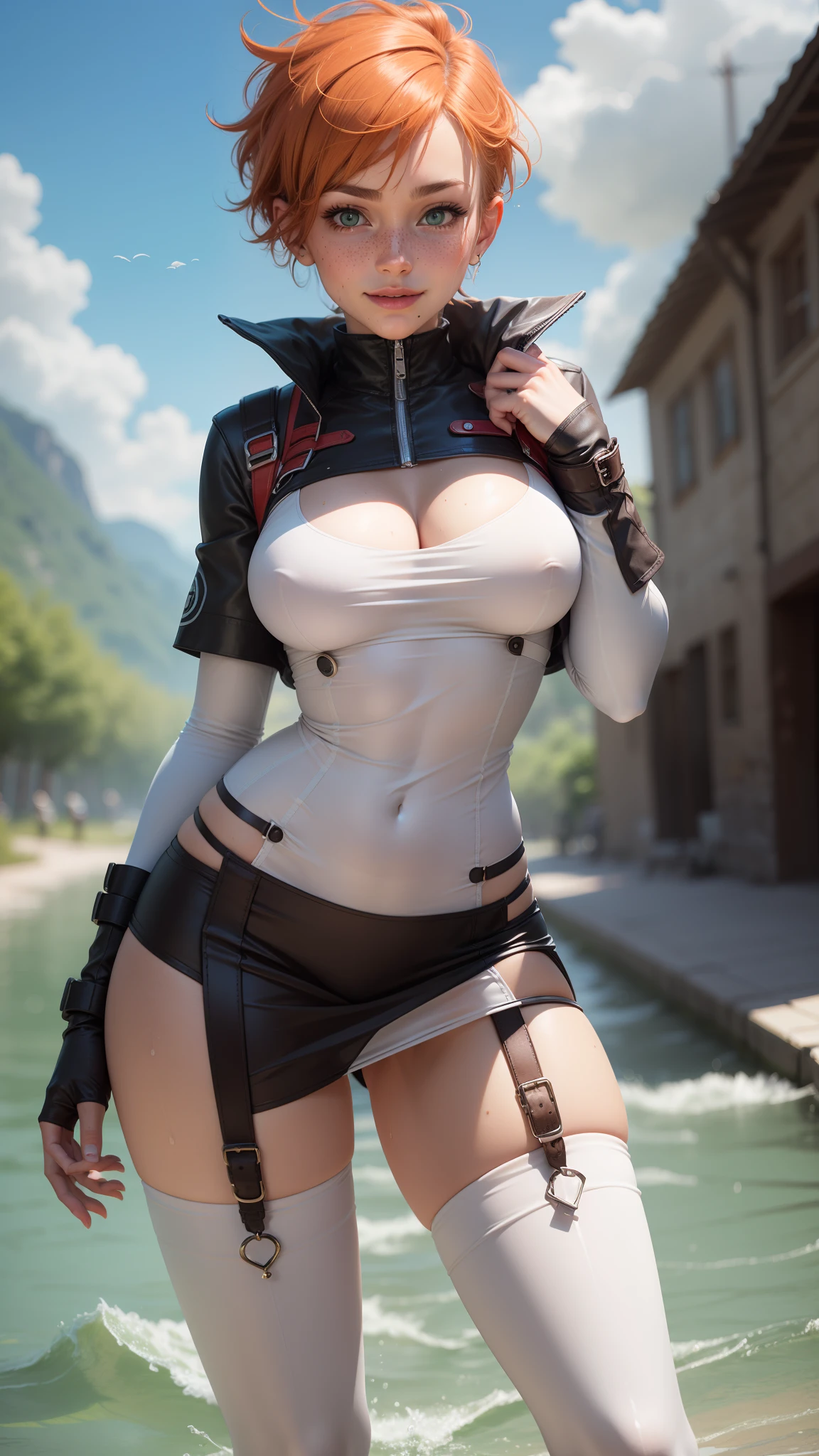 gwen tennyson,tracer,bulma,videl,green eyes,atelier ryza,ager,short hair,orange hair,river,shy smile,blush, white see-through bodycon dress,freckles,blush,beautiful girl,wet clothes,thigh high boots, top-quality,large breasts,ultra detailed,striped panties,realistic,garter belt,lifting skirt,