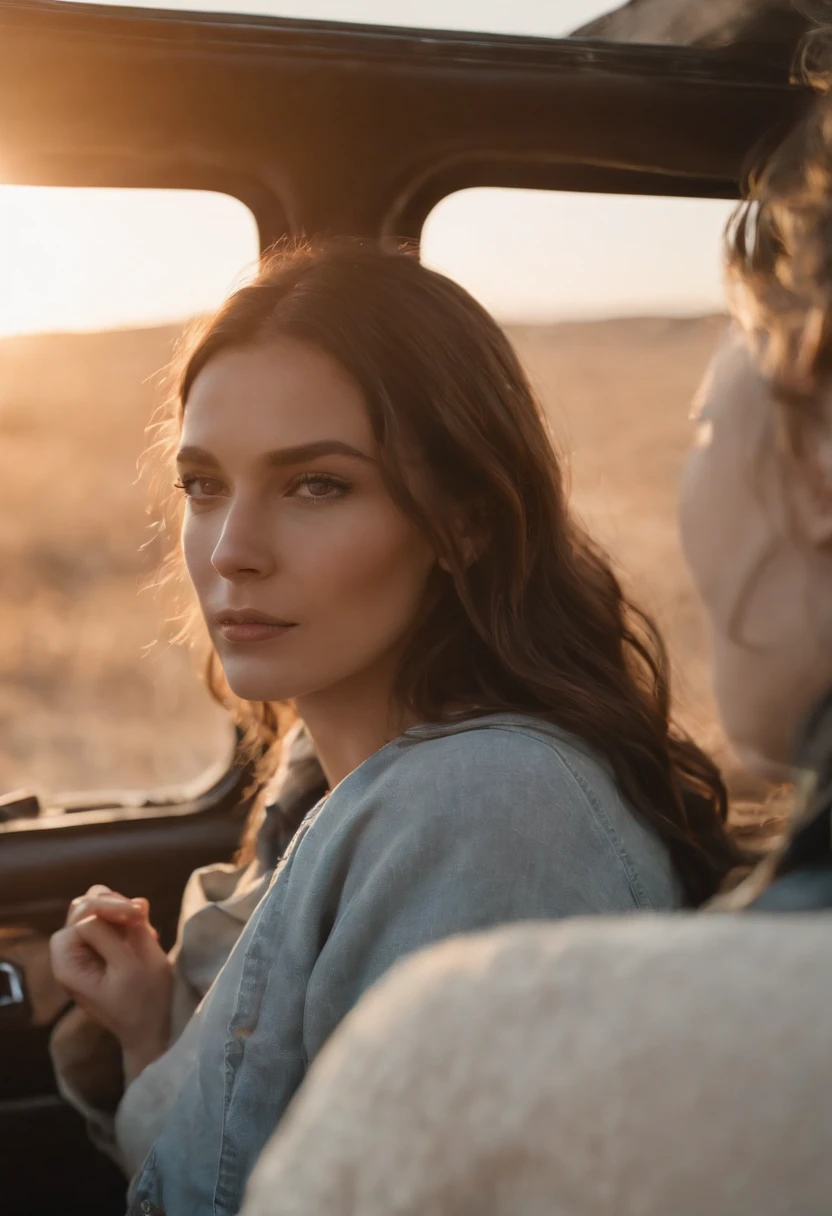 two women sitting in the back of a car looking out the window, road trip, shot at golden hour, looking off into the sunset, morning golden hour, road trip exciting, golden hour cinematic, vw microbus driving, cinematic morning light, cinematic shot, sunset view, in the sunset, cinematic shot!, taken at golden hour, during golden hour, cinematic photo