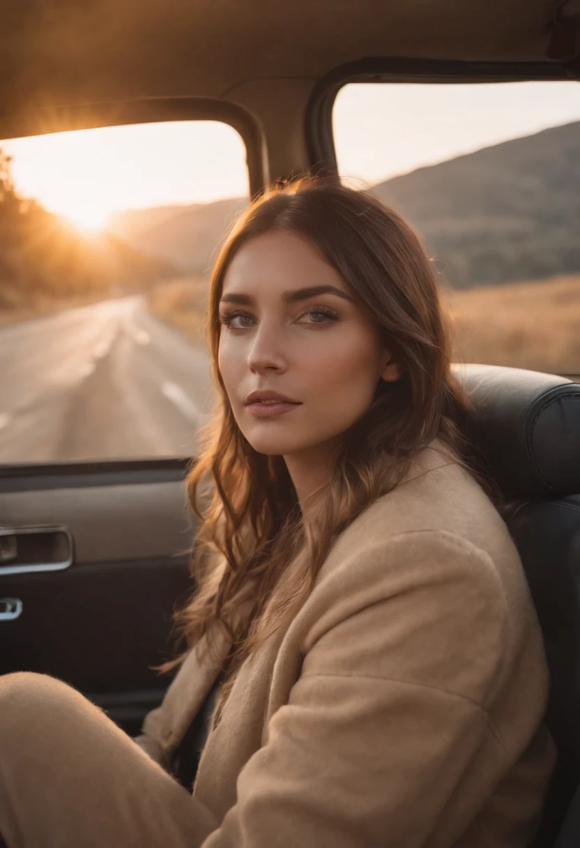 two women sitting in the back of a car looking out the window, road trip, shot at golden hour, looking off into the sunset, morning golden hour, road trip exciting, golden hour cinematic, vw microbus driving, cinematic morning light, cinematic shot, sunset view, in the sunset, cinematic shot!, taken at golden hour, during golden hour, cinematic photo