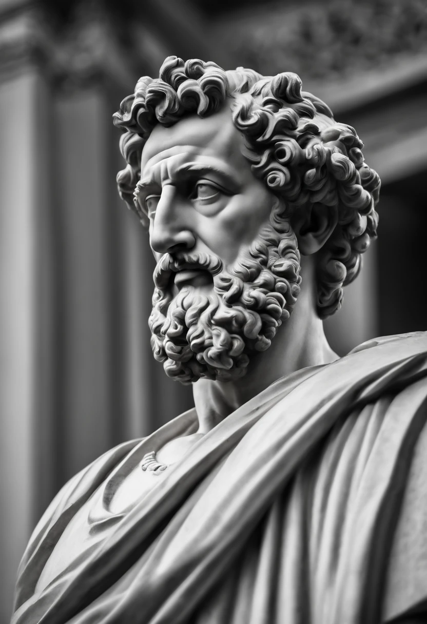a portrait statue of the stoic Marcus Aurelius in black and white 4K, papel de parede super realista, corpo inteiro, corpo forte, musculoso, forte, sem camisa, tronco forte, forte, sem camisa, strong upper arms