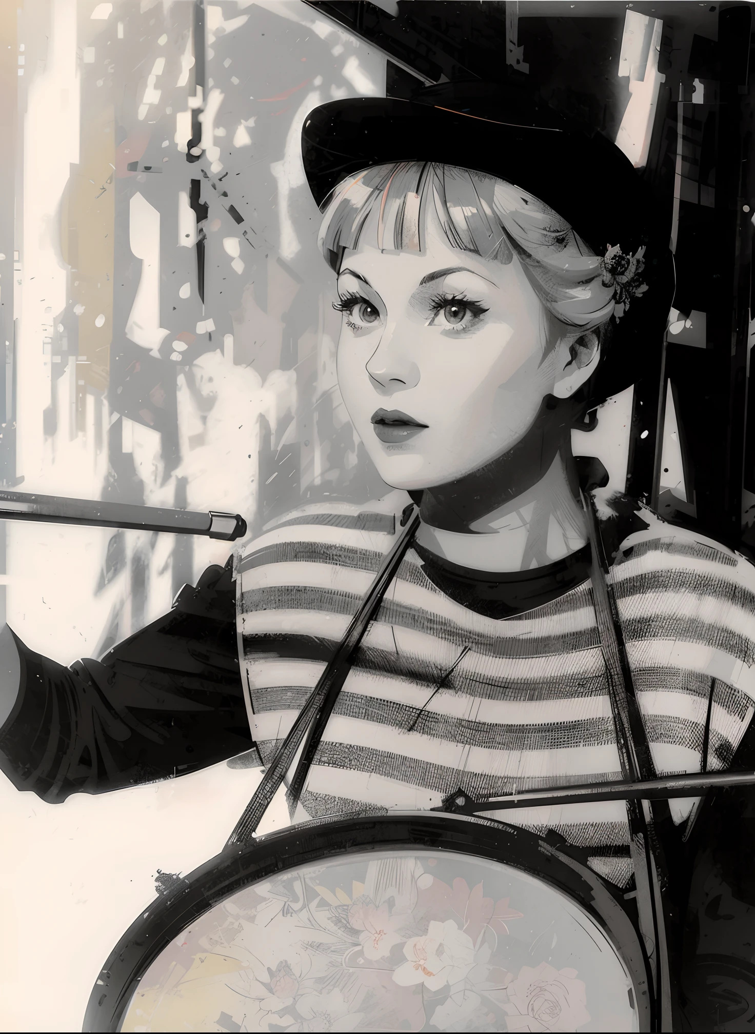 Create a digital work of art in pop art style, Cinematic color scheme, surrounded by vintage floral patterns, Energtic Brushstrokes,The mood should be dynamic, upper-body, Drawing, illustartion, Vector