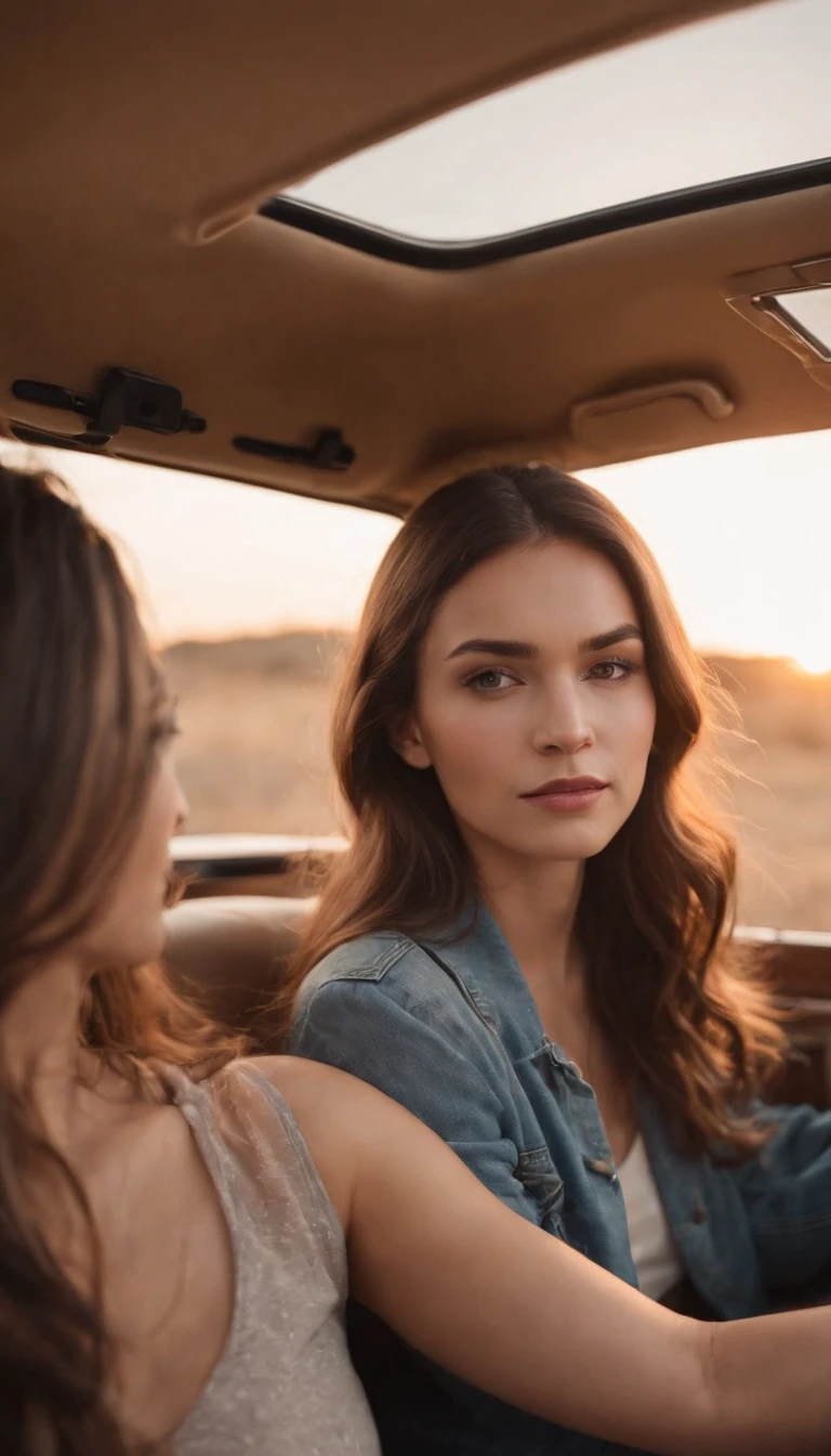 two women sitting in the back of a car looking out the window, road trip, shot at golden hour, looking off into the sunset, morning golden hour, road trip exciting, golden hour cinematic, vw microbus driving, cinematic morning light, cinematic shot, sunset view, in the sunset, cinematic shot!, taken at golden hour, during golden hour, cinematic photo