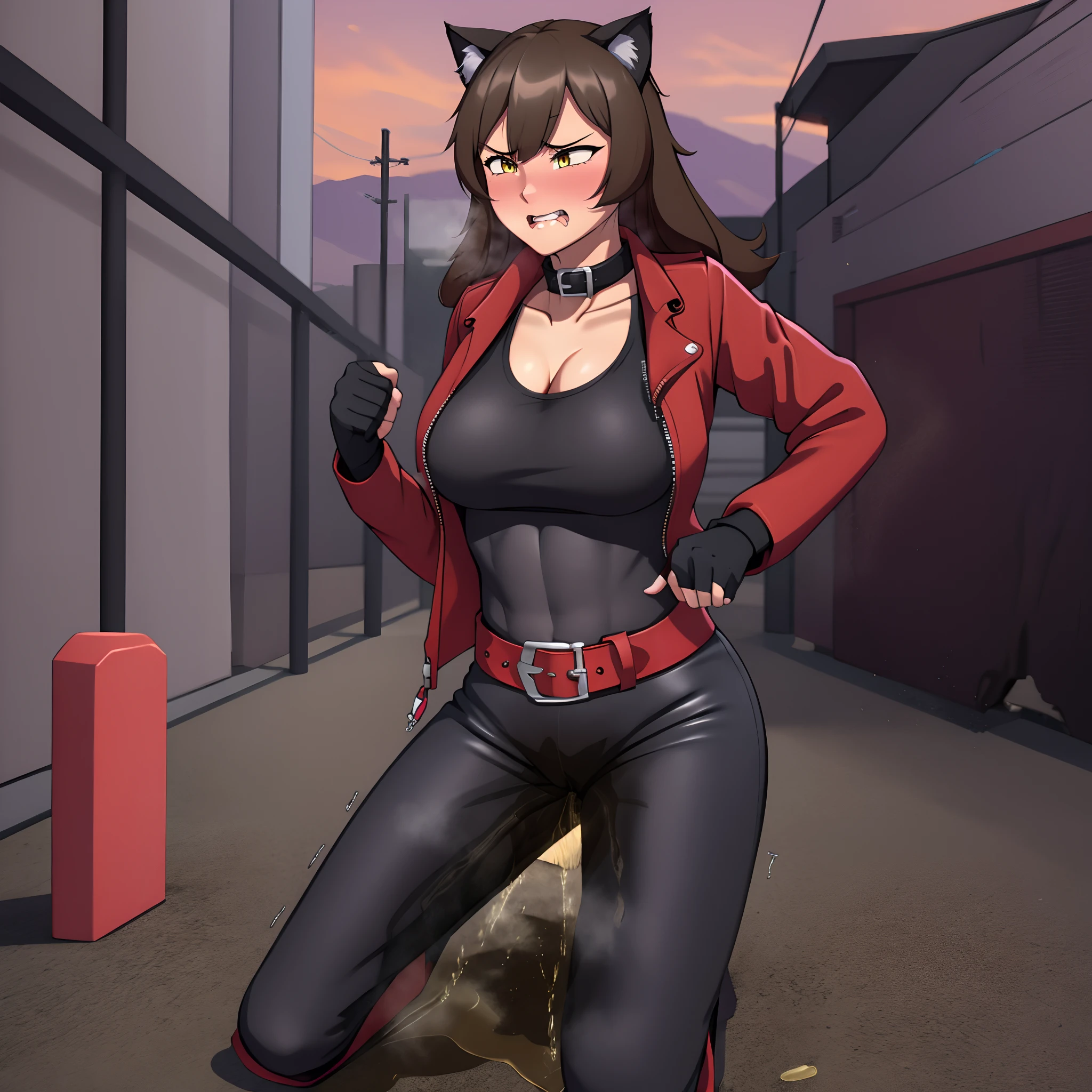 (masterpiece, top quality, best quality, highly detailed:1.2), 1girl, solo, anime screenshot of a sexy muscular catgirl standing and peeing on the ground, peeing self, having an accident, red rocky mountain, yellow sky, science fiction military base in background, outdoors, standing, ((pee stream)), ((pee puddle)), pee stain, wet pants, black leather pants, black high-heeled combat boots, (red sleevless biker jacket), black fingerless gloves, white tank top, cleavage, no bra, blush, trembling, embarrassed, angry, golden cat bell collar, ((bullet belt)), red lipstick, black shoulder-length hair, black cat ears, black cat tail, yellow cat eyes, cat claws, ((muscles)), ((brown skin tone)), chaingun