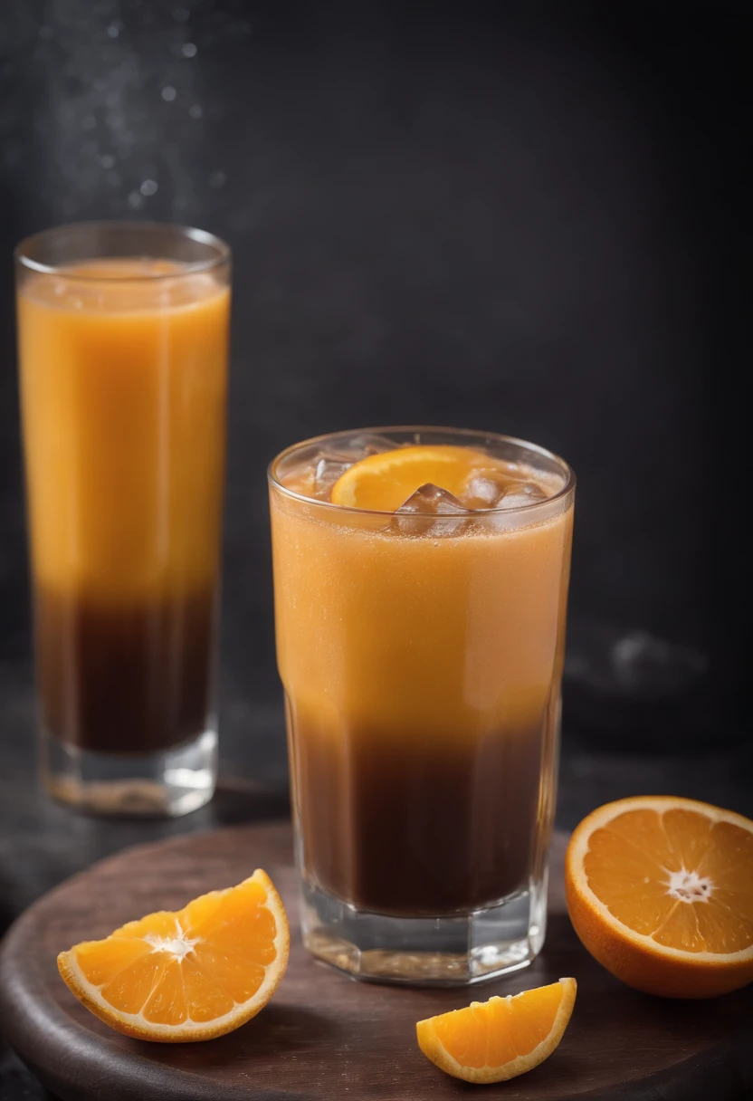 A nice glass of orange juice with water droplets in its structure and ice cubes in the juice and an appetizing, delicious and tempting piece of chocolate cake, tasty, hot, promotional photo, intricate details, hdr, cinematic, adobe lightroom, highly detailed