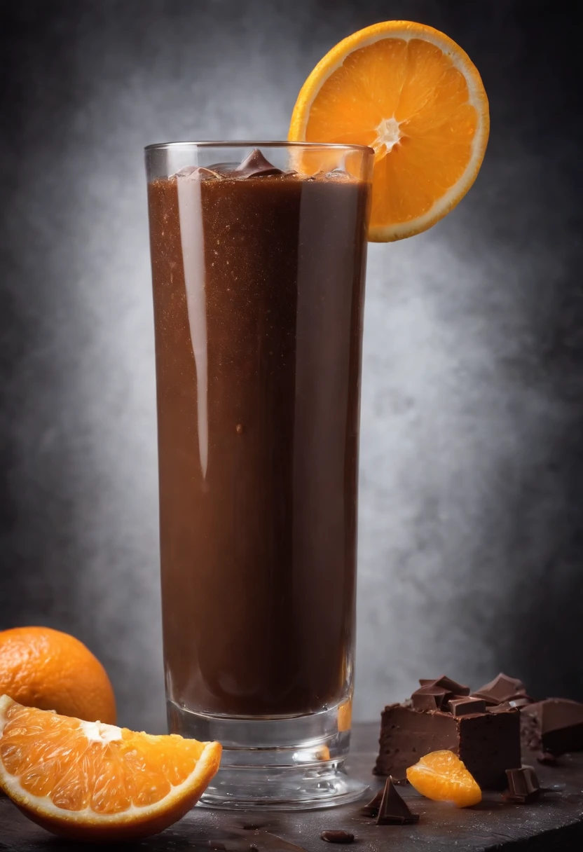 A nice glass of orange juice with water droplets in its structure and ice cubes in the juice and an appetizing, delicious and tempting piece of chocolate cake, tasty, hot, promotional photo, intricate details, hdr, cinematic, adobe lightroom, highly detailed