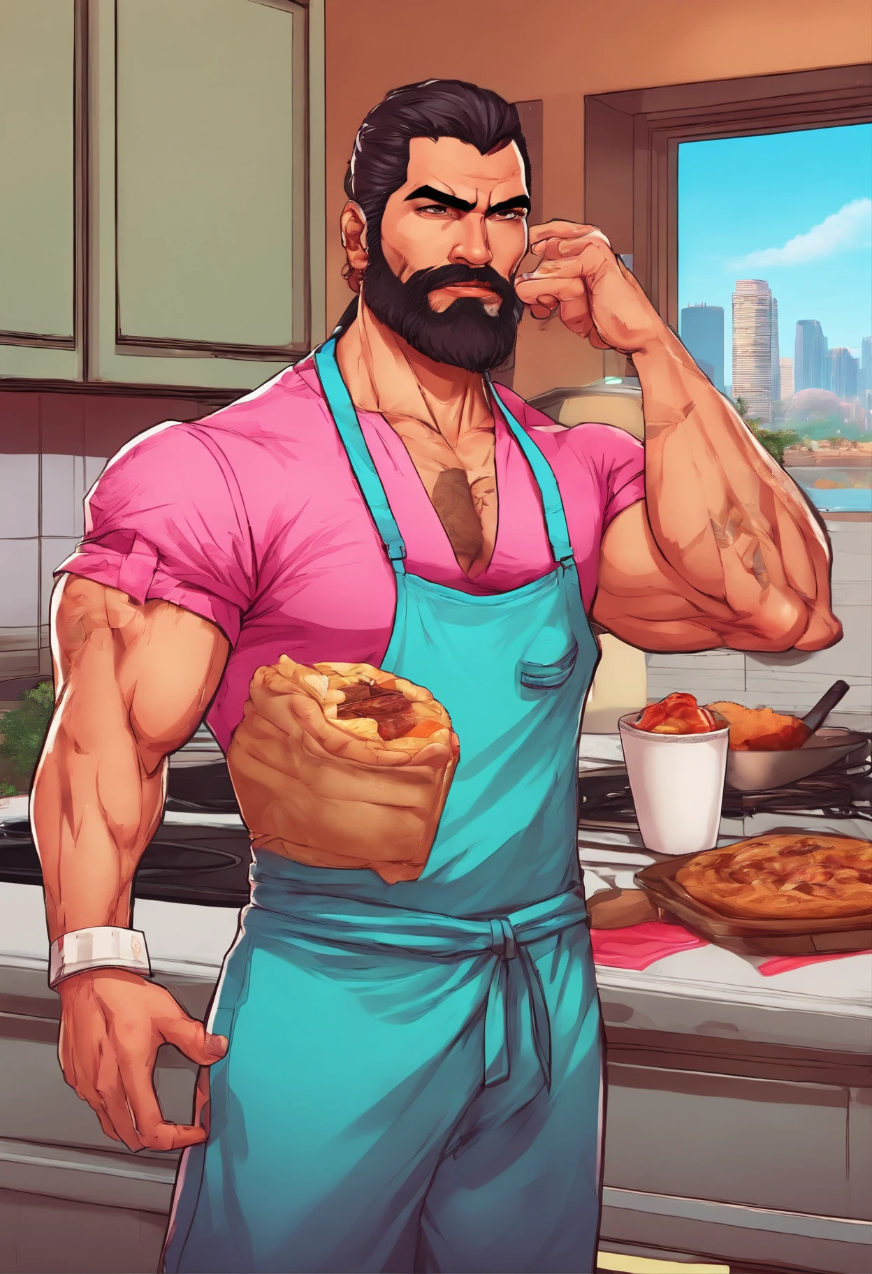 Male, Hispanic, lightskin, black hair, brown eyes, beard, muscular body, wearing chef outfit, 8k kitchen looking at viewer