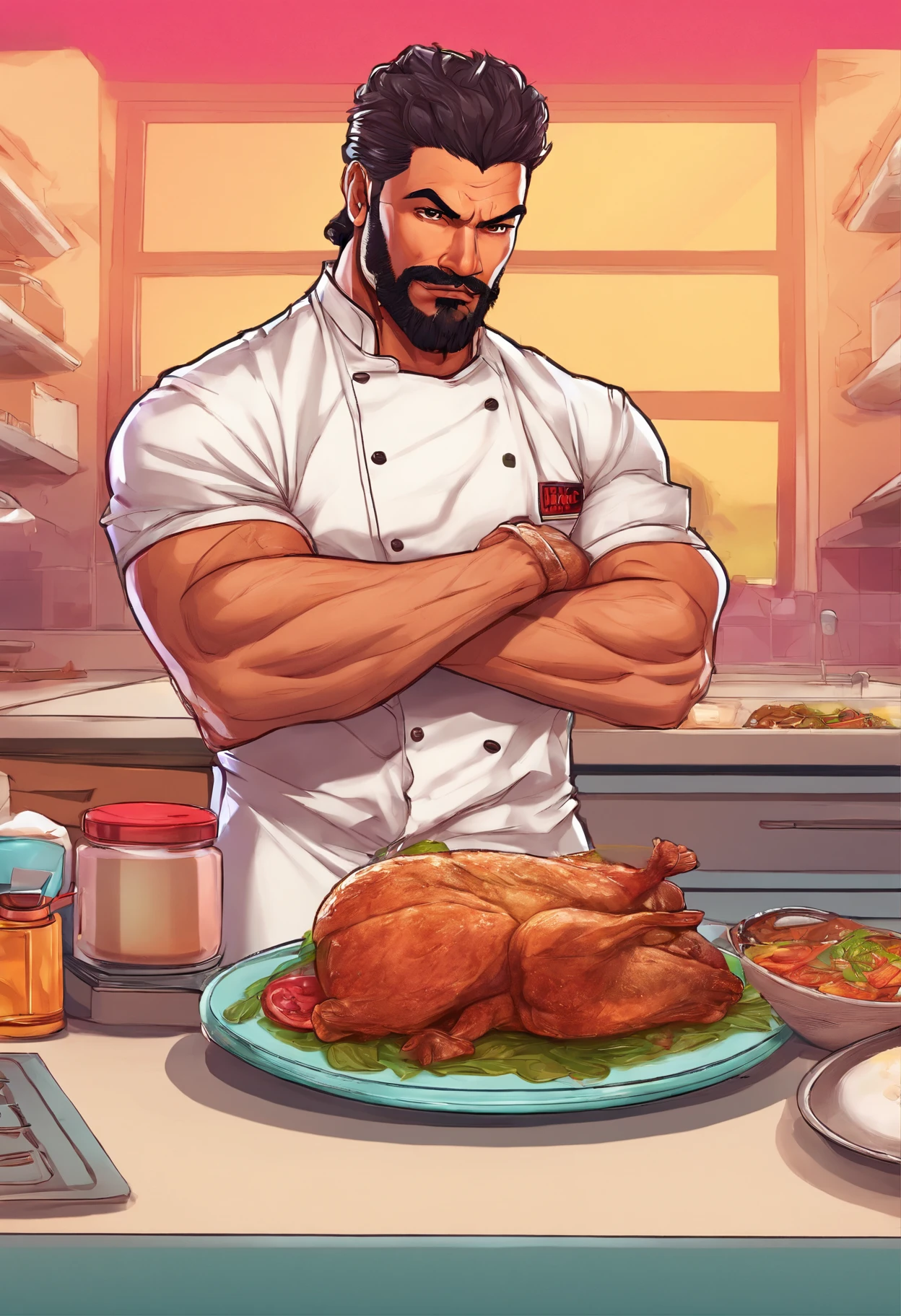 Male, Hispanic, lightskin, black hair, brown eyes, beard, muscular body, wearing chef outfit, 8k kitchen looking at viewer