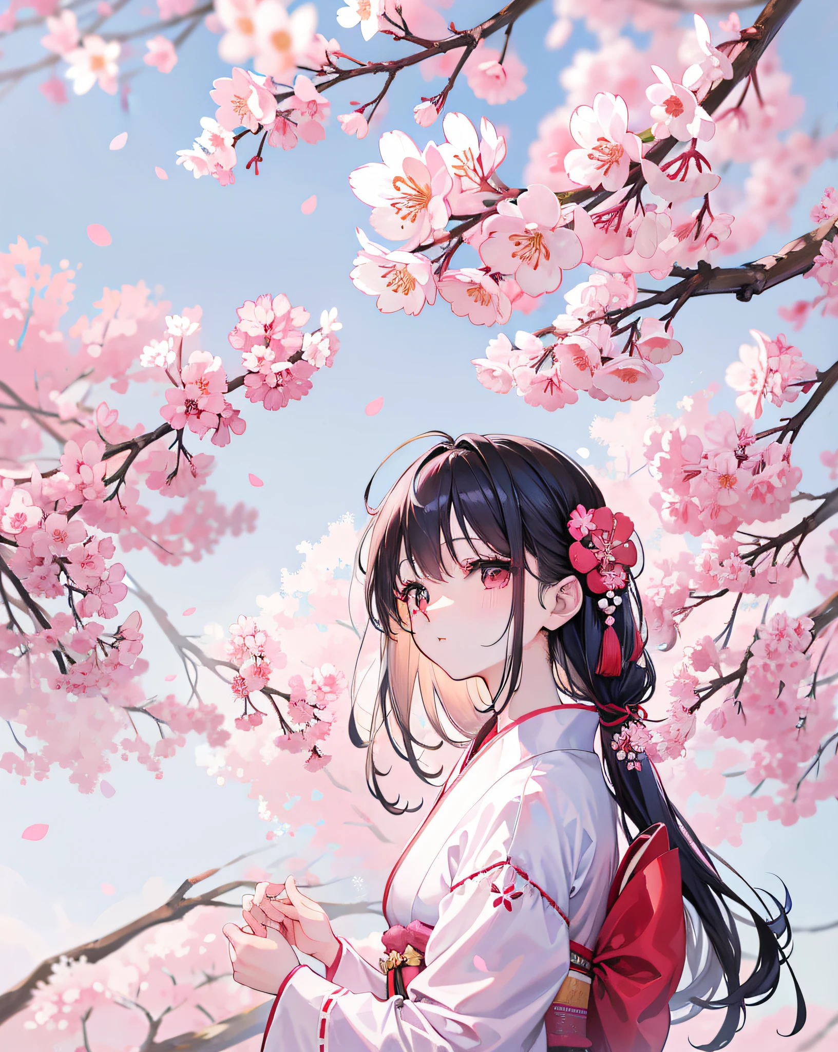 (Realistic painting style:1.0), Masterpiece, Best quality, absurderes, comic strip, illustration,
1girll, Long hair, Cute girl, young and cute girl, Japanese girl,
A girl in a kimono, Japanese_clothes,, Under a tree with pink flowers, under a sakura tree, sakura season, sakura petals around her, cherry blossom, cheery blossom, Cherry blossoms, sakura bloomimg, flowing sakura silk, cherry blossoms in the wind, Japanese woman, sakura trees in the background, elegant japanese woman, SakuraNS, Sakura flower, cherry blossoms falling