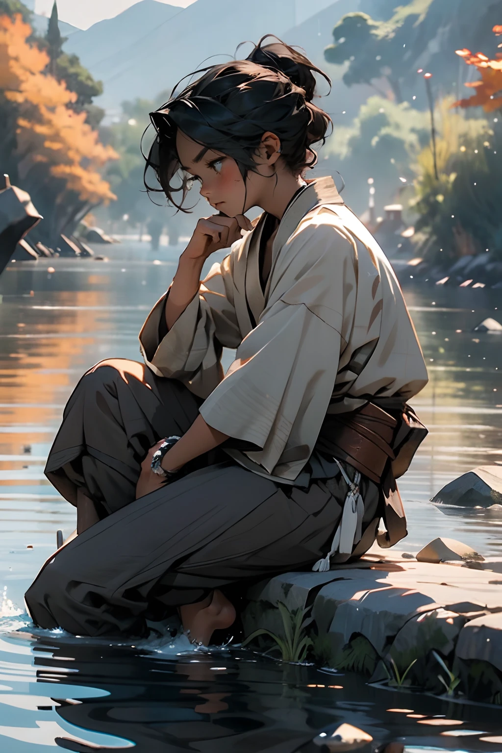 A boy sits on a stone by the river,Looking into the distance,There was a hint of sadness in my heart,The expression is solemn,facing at camera,The evening breeze is long,Autumn water,Sunset on the mountainside,Gooseback Sun