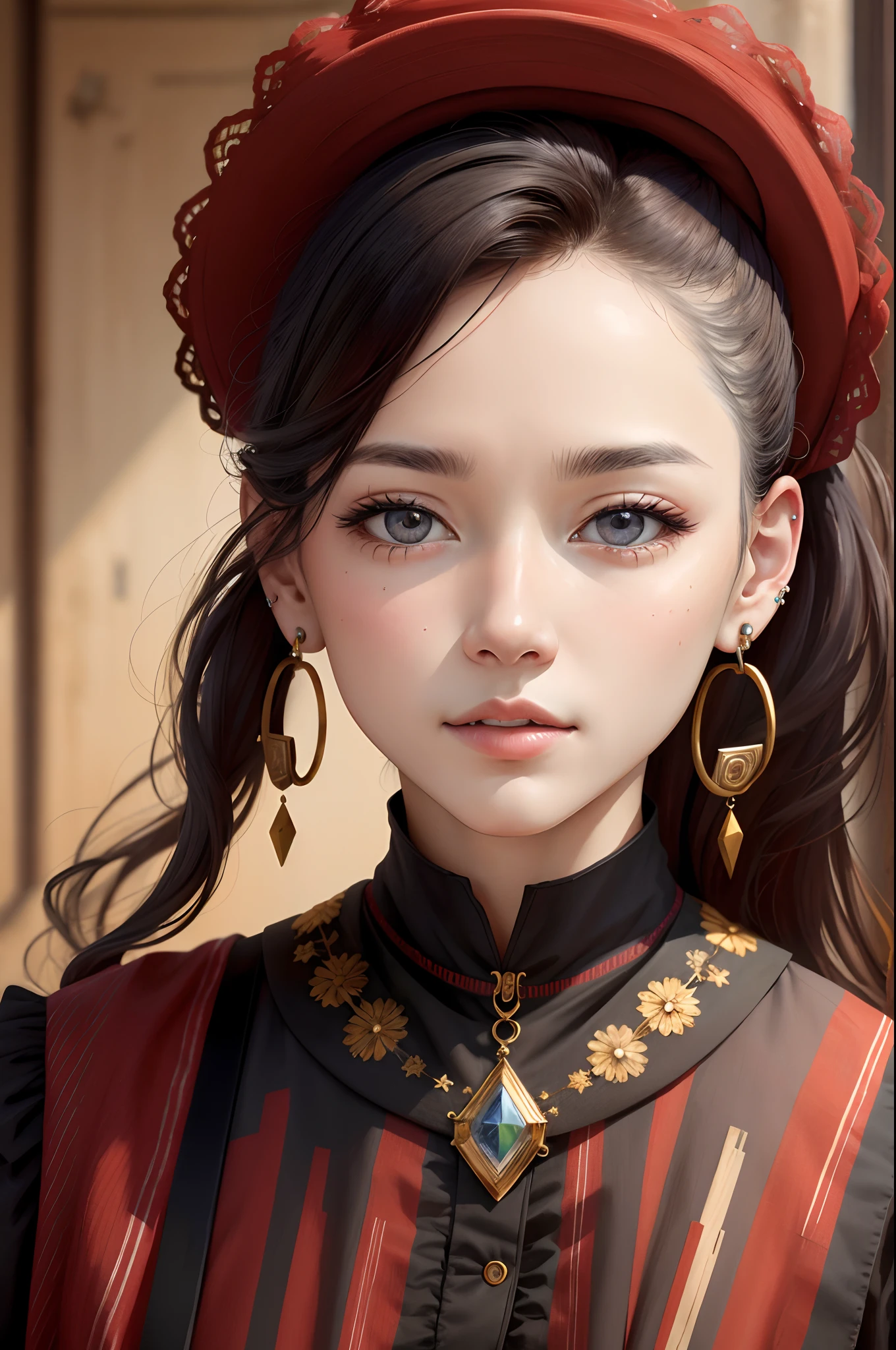 high quality, masterpiece, color photo, 1female, american woman, face only, pierced earrings, close-up photo of face, front face, western style clothes