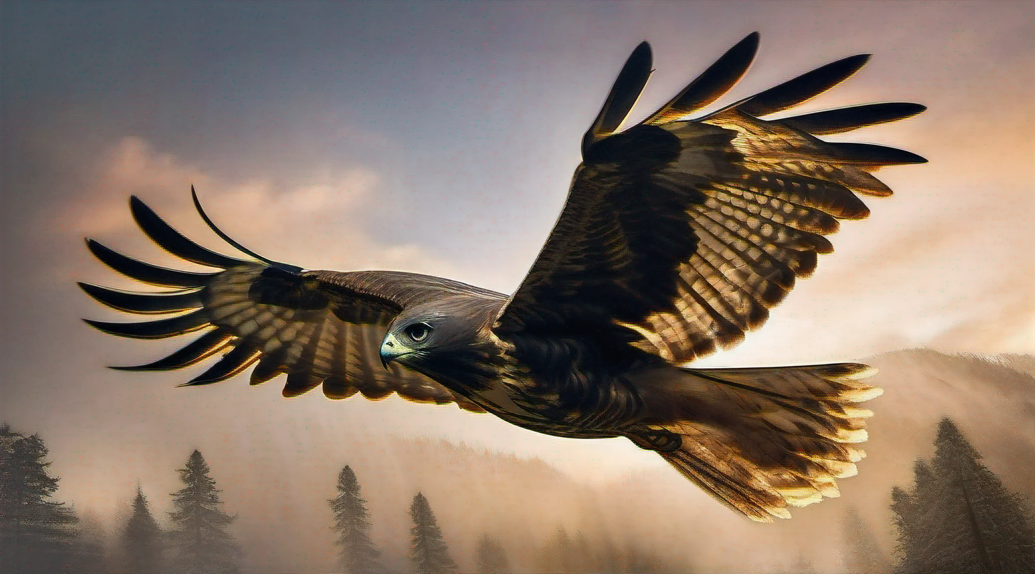 National Geographic Award-winning wildlife photo of a hawk flying in the forest at sunrise, soft volumetric lights | full body view | highly detailed | high resolution | looking at the viewer with an intense gauze | predatory | hyper detailed eyes | sharp focus | natural light, perfect composition, beautiful intricately detailed octane rendering trends in artstation, 8k artistic photography, photorealistic concept art, smooth natural volumetric cinematic perfect light, chiaroscuro, award-winning photography, masterpiece, oil on canvas, raphael, caravaggio, greg rutkowski, beeple, beksinski, giger