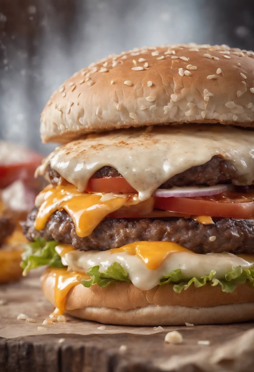 A burger falling in pieces juicy, tasty, hot, promotional photo, intricate details, hdr, cinematic, adobe lightroom, highly detailed