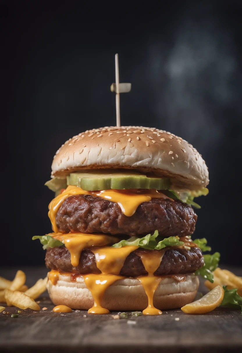 A burger falling in pieces juicy, tasty, hot, promotional photo, intricate details, hdr, cinematic, adobe lightroom, highly detailed