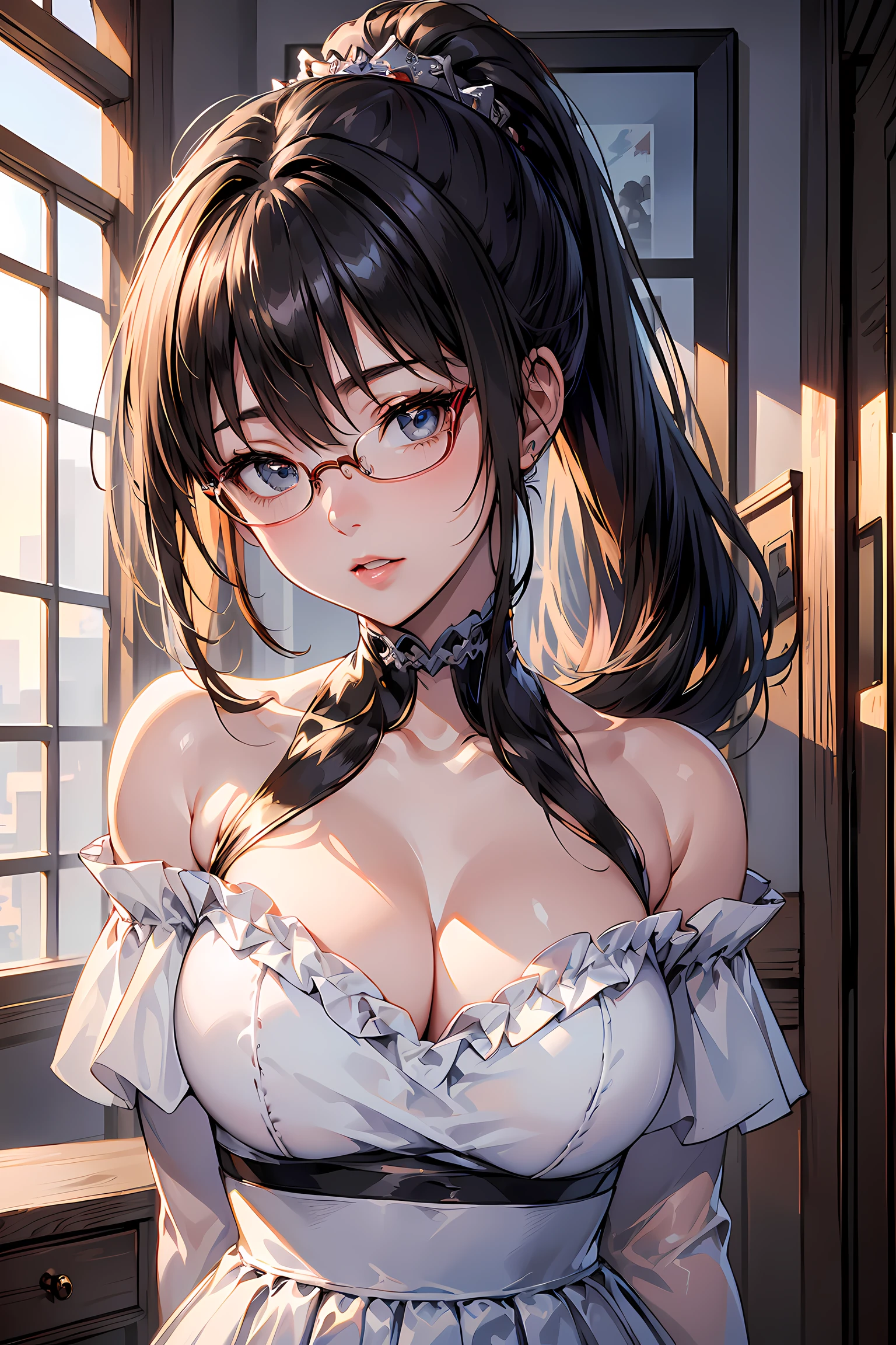 (1glasses girl:1.3, solo), (Audrey Hepburn:1.3), (a extremely pretty and beautiful Japanese woman), (sexy girl), (professional attire:1.3), (22 years old: 1.1), (arms behind back between legs:1.3), (attractive random posing:1.3), (in the queen's room:1.3), (looking straight at you:1.3), (starring at you:1.3), (front view:1.3), break, (ponytail:1.3), (shiny-black thin hair:1.2), bangs, dark brown eyes, beautiful eyes, princess eyes, (big eyes:1.3), bangs, wearing a glasses:1.3, Hair between eyes, short hair:1.3, (slender:1.1), (small-medium-breasts:0.95), (thin waist: 1.15), (detailed beautiful girl: 1.4), Parted lips, Red lips, full-make-up face, (shiny skin), ((Perfect Female Body)), (upper body image:1.3), Perfect Anatomy, Perfect Proportions, (most beautiful Korean actress face:1.3, extremely cute and beautiful Japanese actress face:1.3), BREAK, (View viewer, wearing a embroidery frills sexy teacher uniform, (insanely detailed elegant outfit:1.3), (off-shoulder wedding dress:1.3), (tafta princess dress:1.3), (shiny-white dress:1.3), (high-waist-frill-skirt:1.3), detailed clothes, BREAK, (detailed classy queen's room background:1.2), (dark background), (Studio soft lighting: 1.3), (fake lights: 1.3), (backlight: 1.3), BREAK, (Realistic, Photorealistic: 1.37), (Masterpiece, Best Quality: 1.2), (Ultra High Resolution: 1.2), (RAW Photo: 1.2), (Sharp Focus: 1.3), (Face Focus: 1.2), (Ultra Detailed CG Unified 8k Wallpaper: 1.2), (Beautiful Skin: 1.2), (pale Skin: 1.3), (Hyper Sharp Focus: 1.5), (Ultra Sharp Focus: 1.5), (Beautiful pretty face: 1.3), (super detailed background, detail background: 1.3), Ultra Realistic Photo, Hyper Sharp Image, Hyper Detail Image,