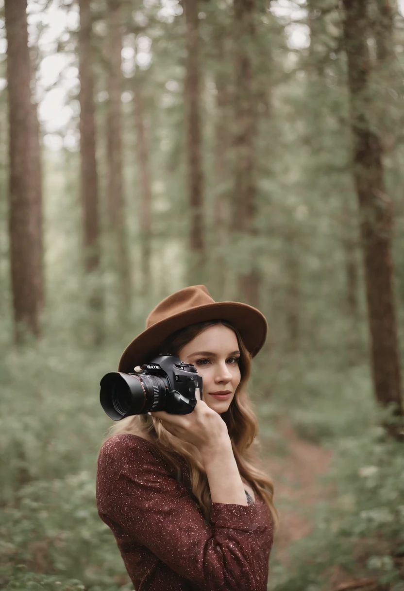 arafed woman in a hat holding a camera in a wooded area, jovana rikalo, holding a camera, professional photographer, photograph captured in the woods, katey truhn, emily rajtkowski, female photography, film portrait, 50 mm lens photo portrait, karolina cummings, solo portrait, noelle stevenson, anna nikonova