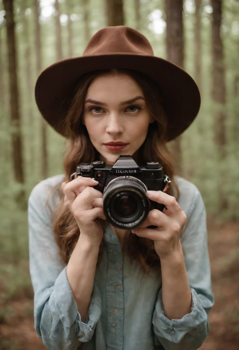 arafed woman in a hat holding a camera in a wooded area, jovana rikalo, holding a camera, professional photographer, photograph captured in the woods, katey truhn, emily rajtkowski, female photography, film portrait, 50 mm lens photo portrait, karolina cummings, solo portrait, noelle stevenson, anna nikonova