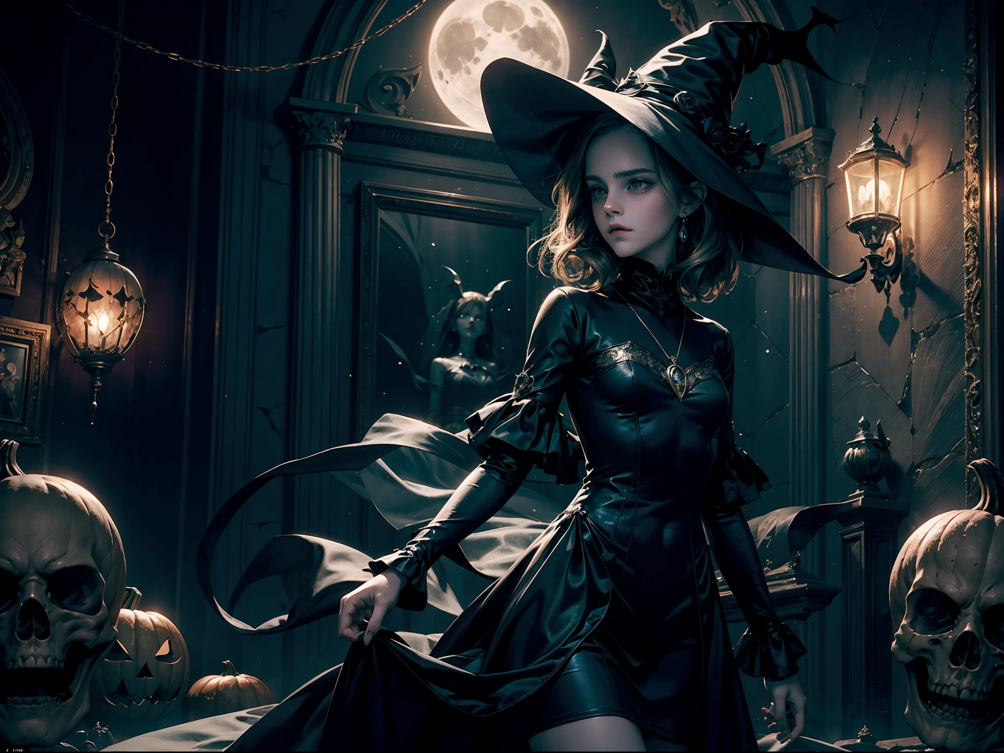 a emma watson emerges as a captivating figure, exuding an otherworldly allure. her pale skin, as flawless as porcelain, hints at her immortal nature, while her eyes possess an ethereal glow, drawing others into their mesmerizing depths. with an ageless beauty that defies time, the teenwitch girl possesses a slender and graceful frame. reflecting the moonlight with an enchanting luster. tight witch short dress. witch hat. Background pumpkin lamps, Halloween festivities, jack o lanterns, spider brooches adorning their attire, toy skeletons hanging on the walls. Bats flying.