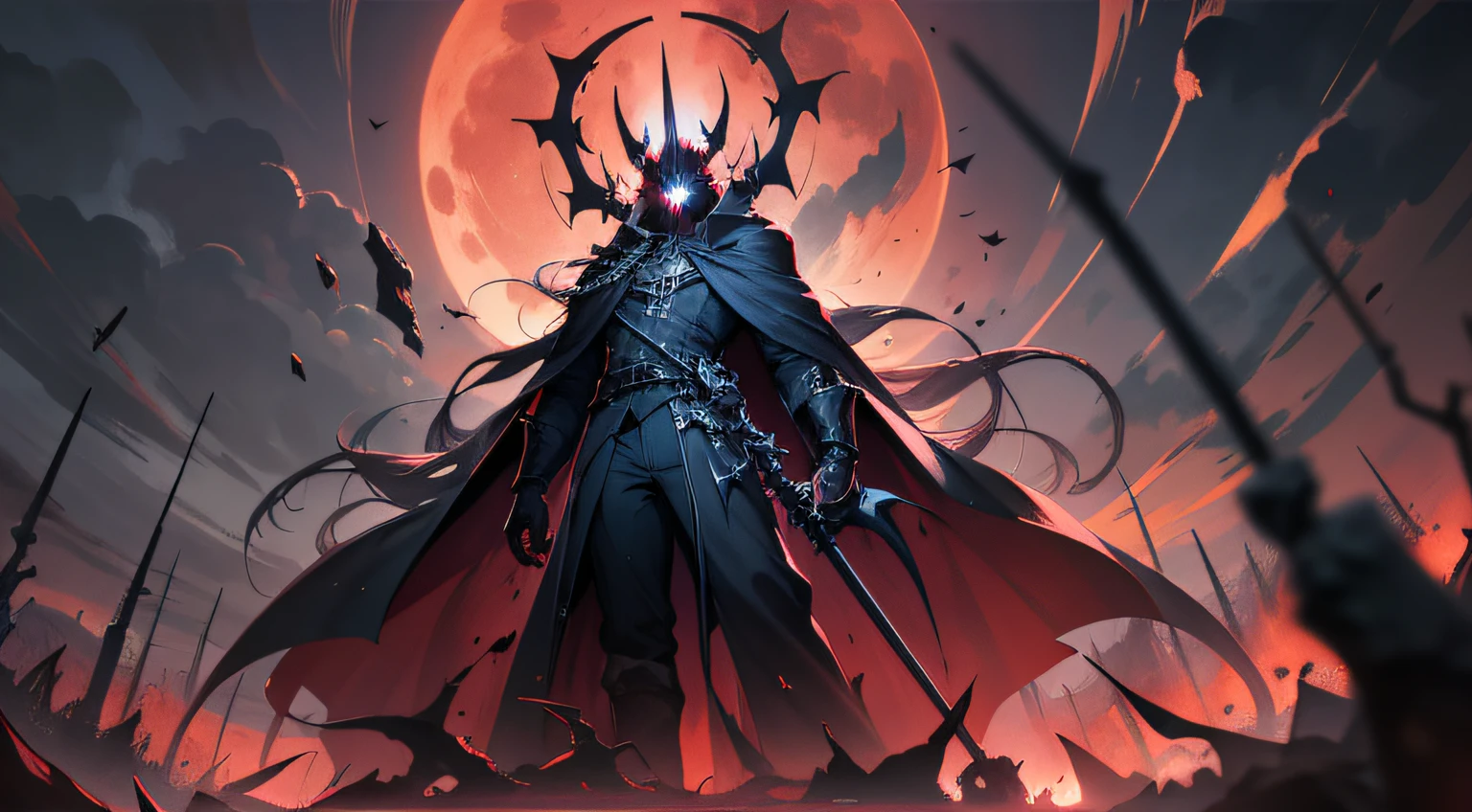 In this anime wallpaper, we see a menacing villain character with dark powers at the center of the composition. The character is male and exudes an aura of darkness and malevolence. He has a tall and imposing figure, wearing dark and tattered robes that billow dramatically as if stirred by an otherworldly wind.

His face is partially concealed by a hood, casting his upper features in shadow. Only his glowing, sinister eyes are visible, radiating a cold, eerie light. His hands are raised, crackling with dark energy that manifests as swirling, shadowy tendrils reaching out ominously.

In the background, a dimly lit, desolate landscape enhances the eerie atmosphere. The sky is filled with ominous storm clouds, and a blood-red moon looms on the horizon, casting an eerie crimson glow across the scene. Dark, gnarled trees stand as twisted sentinels in the distance.

The overall color palette should emphasize deep blacks, purples, and reds, creating a foreboding and malevolent ambiance. The wallpaper should convey the sense of a powerful and formidable antagonist who has harnessed dark, supernatural abilities.

Feel free to share this description with a skilled digital artist who can bring this villainous character to life in a visually stunning anime wallpaper.