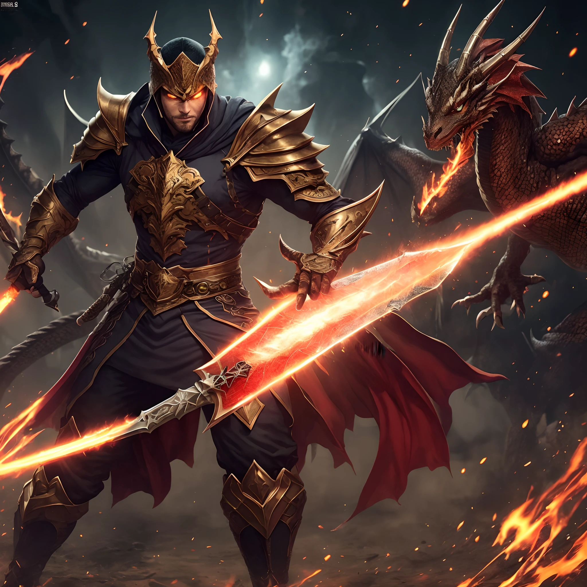Dragoned, vermelho, homem, espada de fogo,