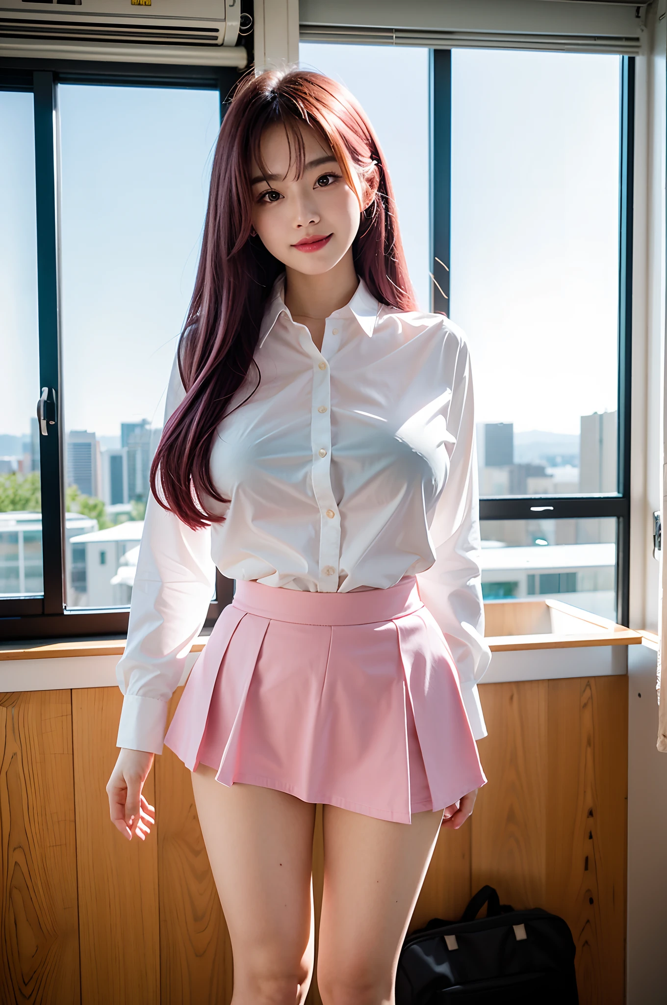 1girll, delicate and beautiful face, Be red in the face，Enchanting，Etiquette is very beautiful and attractive, Purple pupils，A pink-haired，Long whit hair，dual horsetail， Plump chest，Convex buttocks，((White transparent shirt))，((Exposing her breasts)), White miniskirt，((Pink and softness are seen))，((Didn't wear panties))，Knee-length black socks，legs separated，Perfectly proportioned, Detailed clothing details,inside a classroom，Cinematic lighting, film grains, Fuji colors, lightand shade contrast, 8K, ​masterpiece, Textured skin, Super Detail, high detal, High quality, hight resolution,The perspective is from bottom to top，raise one leg slightly，Expose cleavage，I wasn't wearing underwear，I can see your,lift up one's skirt,a smile