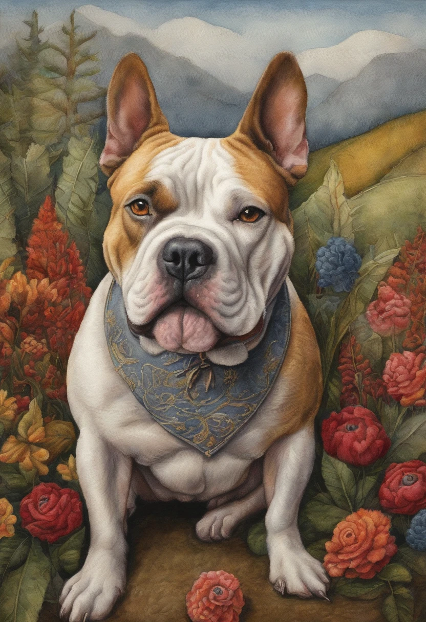 Fully Light tan pitbull with green eyes painting and flowers in the background 