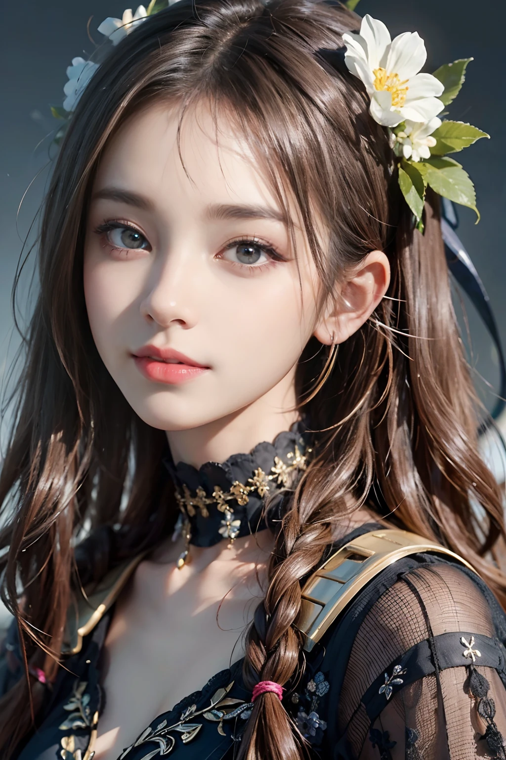 A hyper-realistic、hight resolution、8k wallpaper、ighly detailed、Best Illustration、beautifully detailed eyes、top-quality、ultra-detailliert、masterpiece、A detailed face、独奏、1 girl in、looking at the viewers、A detailed face、in the darkness nigth、A smile、Long straight hair、The upper part of the body、a choker