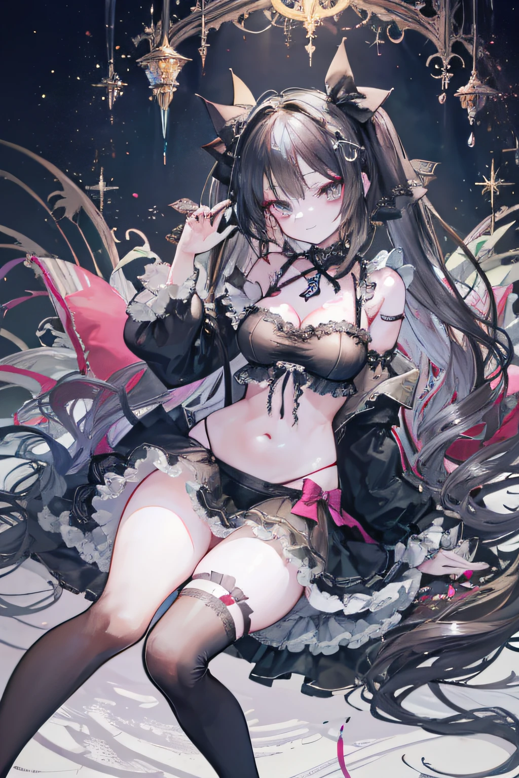 Maids、Gothic ta、tits out、cleavage of the breast、a navel、A sexy、The bikini、skirt by the、Twin-tailed、Young Face、full body Esbian、deph of field,watercolor paiting(Curly)、Beautifully Aesthetic:1.2)、(1girl in:1.3)、(Fractal Art:1.3)、A dark-haired、looking at the viewers、patterns、细致背景、mansion、a smile、Throat and face