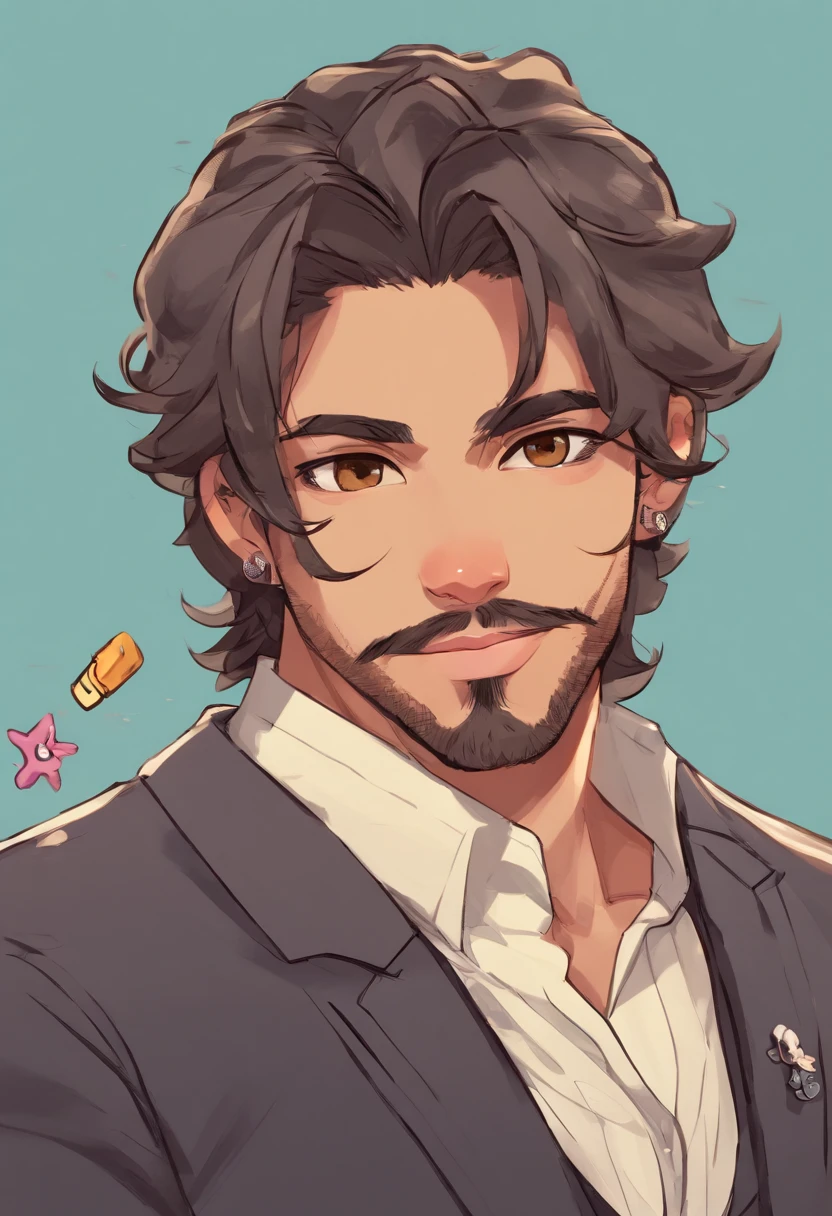 Male, Hispanic, lightskin, black hair, brown eyes, beard, muscular body, wearing black suit, 8k at home, looking at viewer