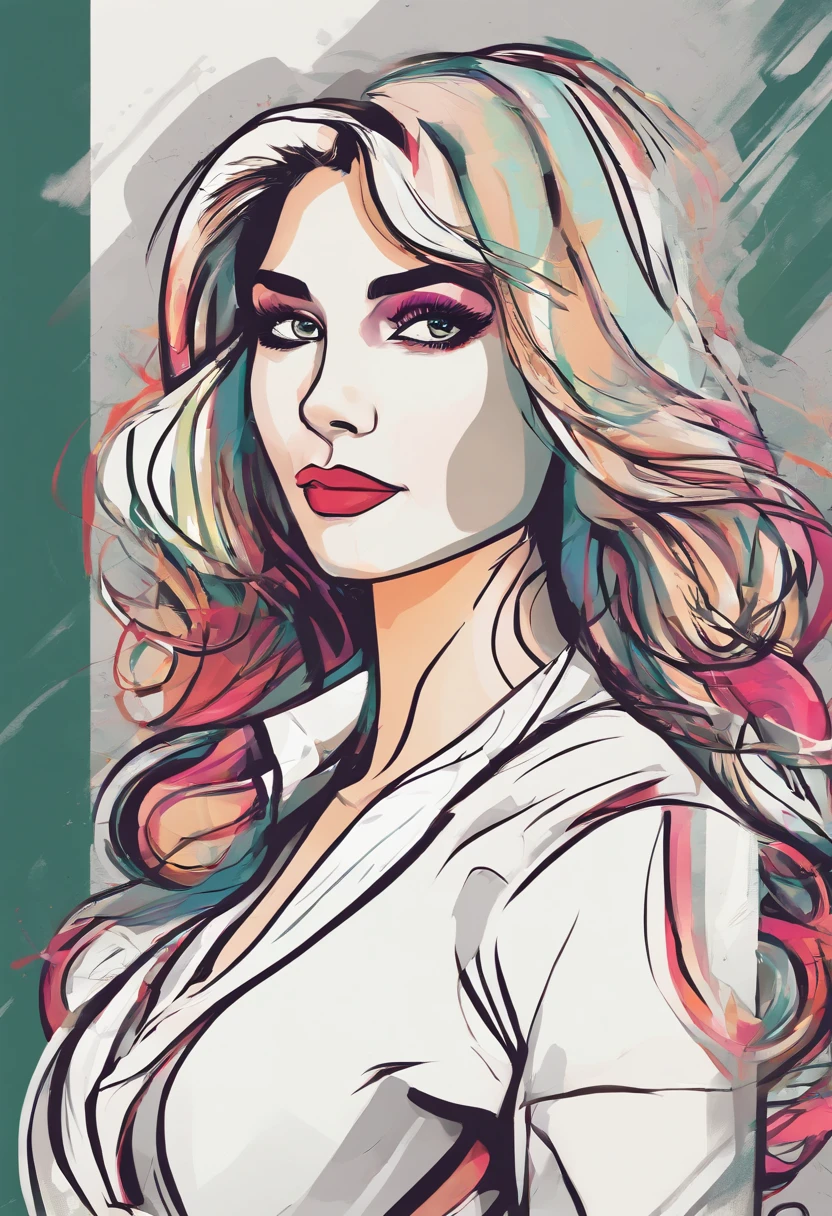 Create a digital work of art in pop art style,  The woman, Cinematic color scheme, Energtic Brushstrokes,The mood should be dynamic, upper-body, Drawing, illustartion, Grayscale, cinema style