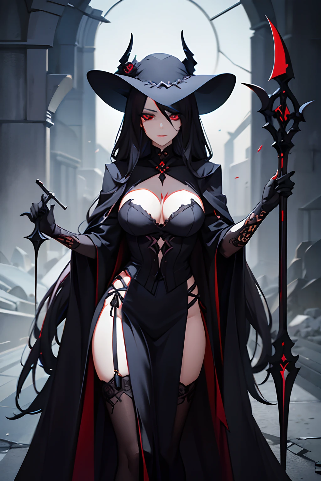 A women dark knight with a grim reaper-inspired sexy outfit, long flowing dark hair, and piercing red eyes, depicted in a concept art style. masterpiece, full detailed