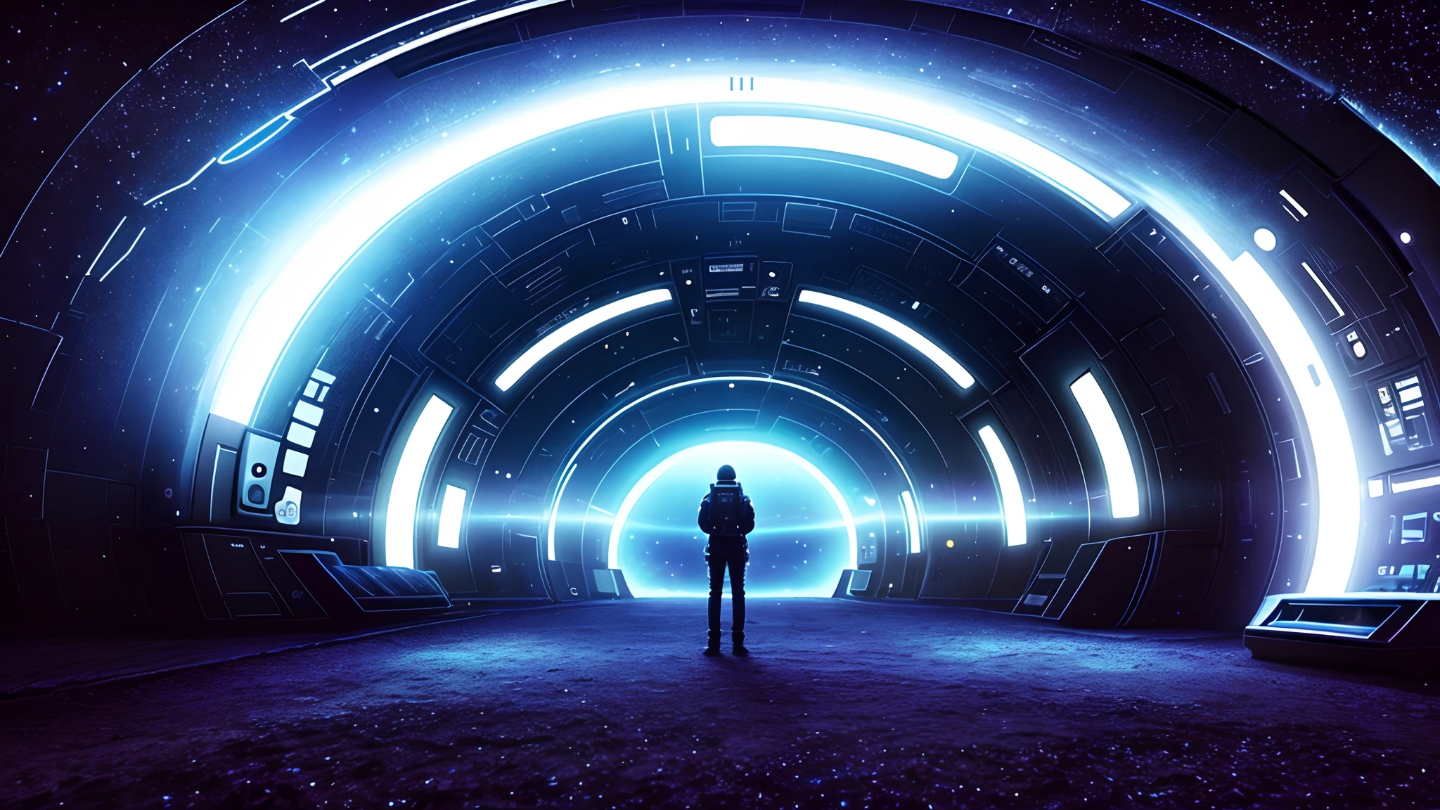 Aalfid stood in the tunnel，The background is a black hole, portal to outer space, astronaut lost in liminal space, interstellar infinity portal, 3 d render beeple, majestic interstellar portal, portal in space, Inspired by Beeple, Kolosel interstellar portal, wormhole, author：beeple, beeple |