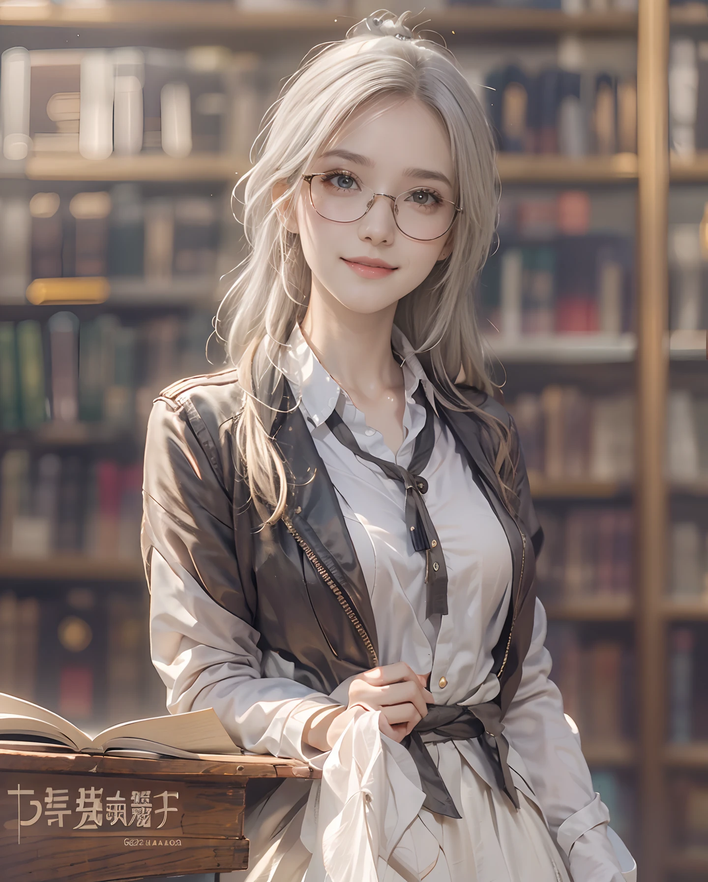 masutepiece、hight resolution、Library staff、scrivener、30-year-old girl、1girl with、Intelligent and bespectacled。Looking at the camera、smil、Finish as shown in the photo、the skin is white and beautiful、inner colored、Hair should be tied back、A slender、