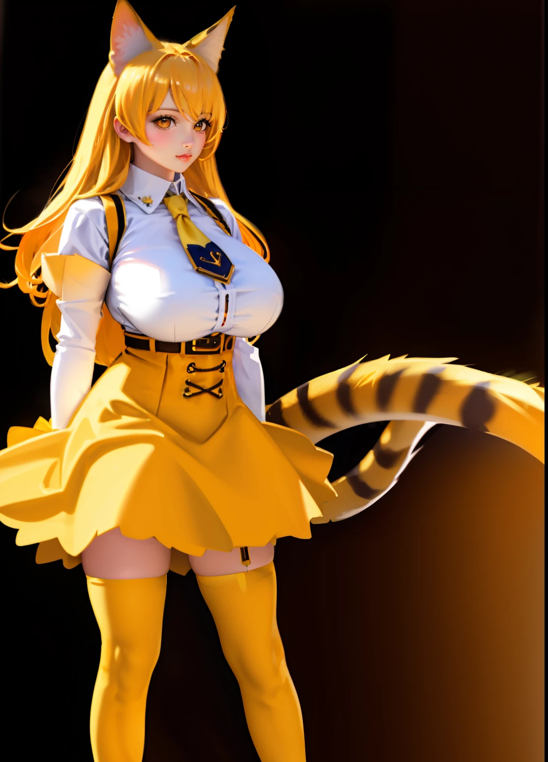 beautiful, masterpiece, best quality, realistic photo 1girl,   blonde hair,  cat ears, cat tail, high-waist skirt, huge breasts, looking at viewer, orange eyes,  tail, thighhighs, w arms, white gloves, wearing nothing in the chest area, nsfw, yellow skirt, yellow thighhighs