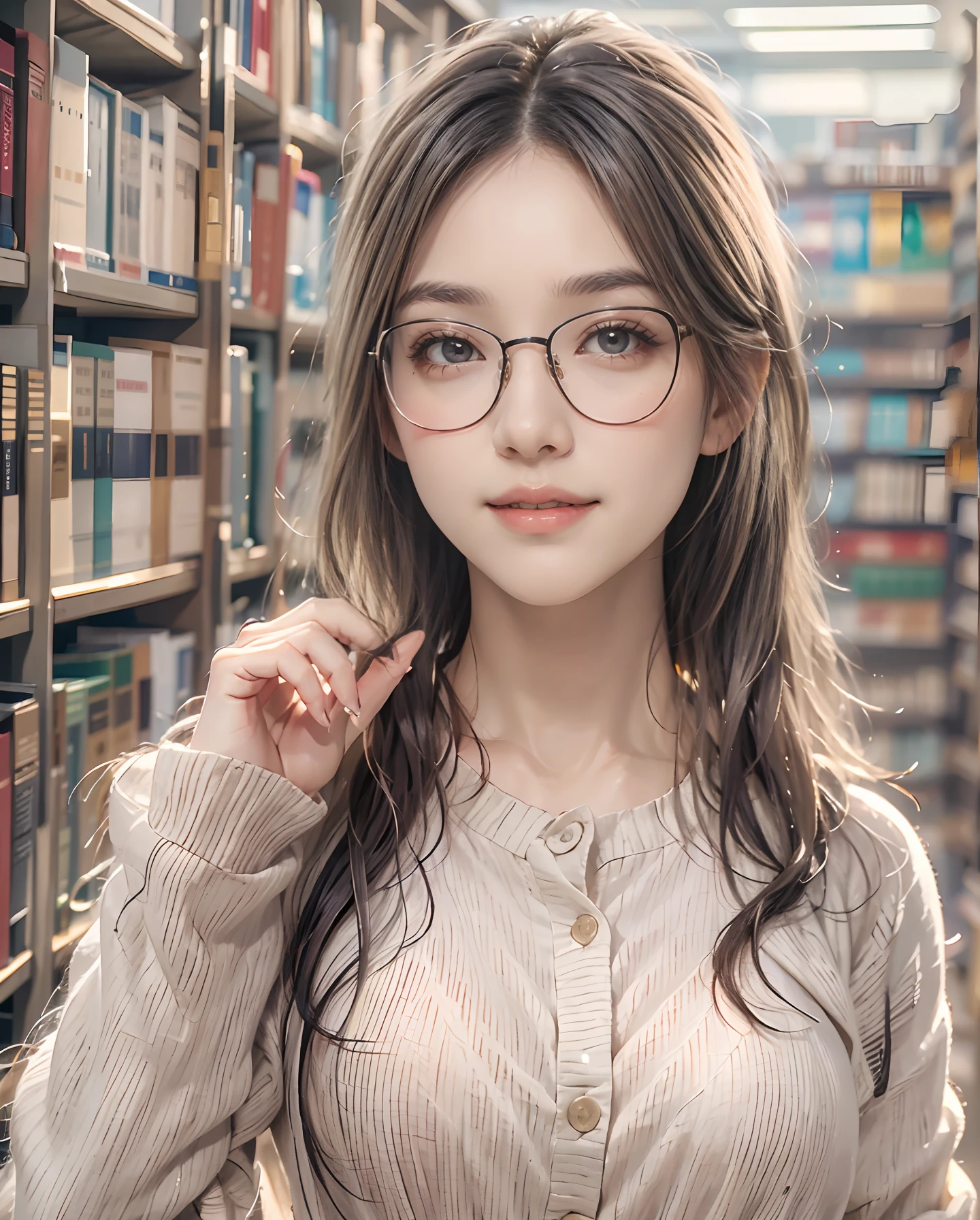 masutepiece、hight resolution、Library staff、30-year-old girl、Glasses woman、Intelligent and bespectacled。Looking at the camera、smil、Finish as shown in the photo、the skin is white and beautiful、inner colored、Hair should be tied back、A slender、
