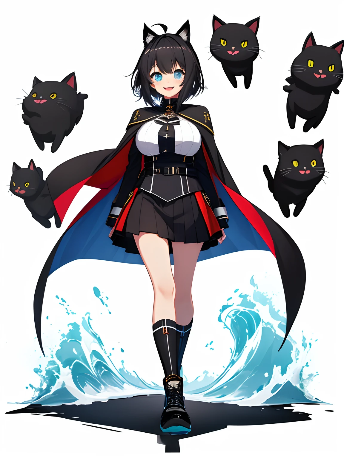 Full body,((Upright)), ((Arms at sides)), Looking at Viewer, simple background、White background, 1girl in, Open mouth, Smile, Virtual Youtuber、girl with、((Best Quality, high_resolution, Distinct_image)),(Black hair), (Black cat ears), (Ahoge), (absurdly short hair), (Wavy Hair), (Blue eyes),、A smile、Very big breasts,(wearing shoes on feet)、concept-art、View Viewer。military outfits。Wearing a cape。